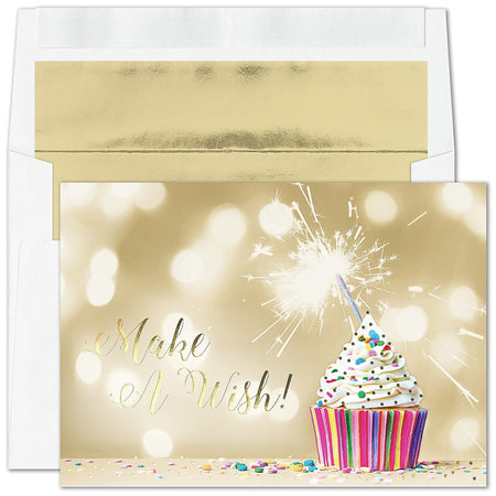 "Make a Wish Cupcake" Card w/ Gold Lined White Envelope, 25/BX