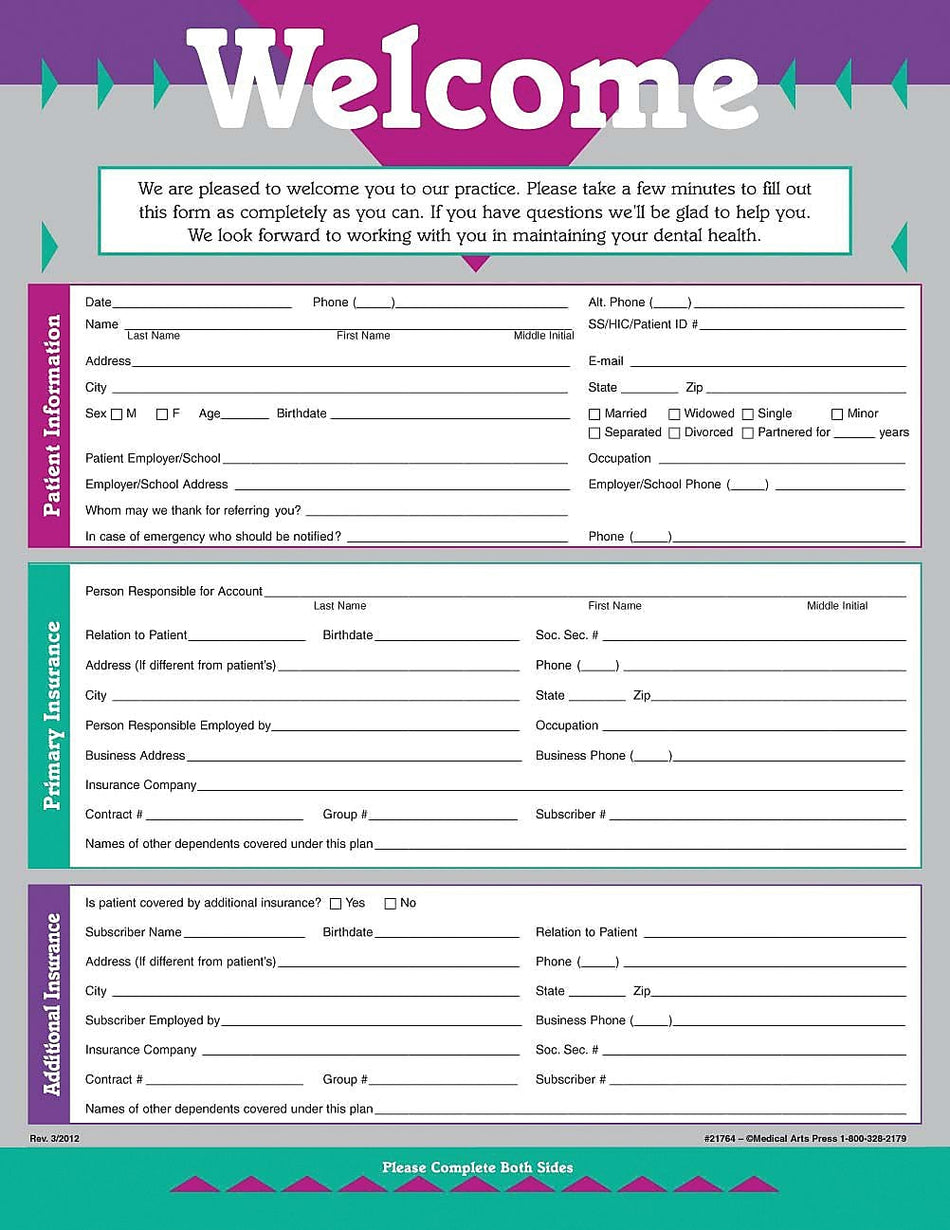 MAP® Graphics, No Imprint Dental Registration and History Form, 1-Part, White, 8 1/2" x 11", 250/Pack