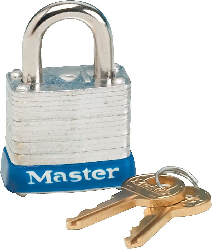 Master Lock® Four-Pin Tumbler Laminated Steel Lock, 2" Wide, Silver/Blue, Two Keys