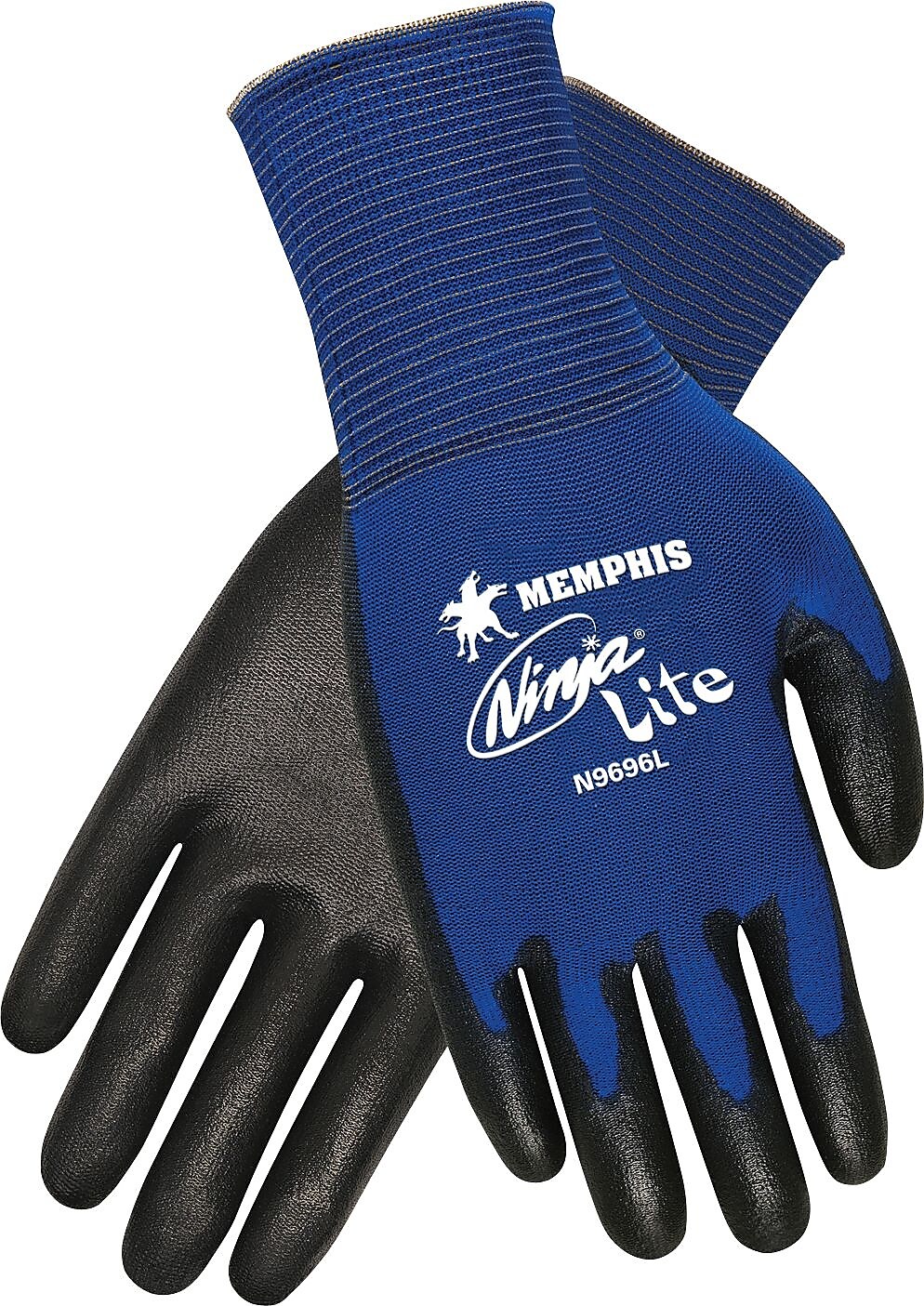 MCR SAFETY® Ninja® Lite Polyurethane Coated Palm and Fingertip Dipped Gloves, Blue, Large, 12/Pair