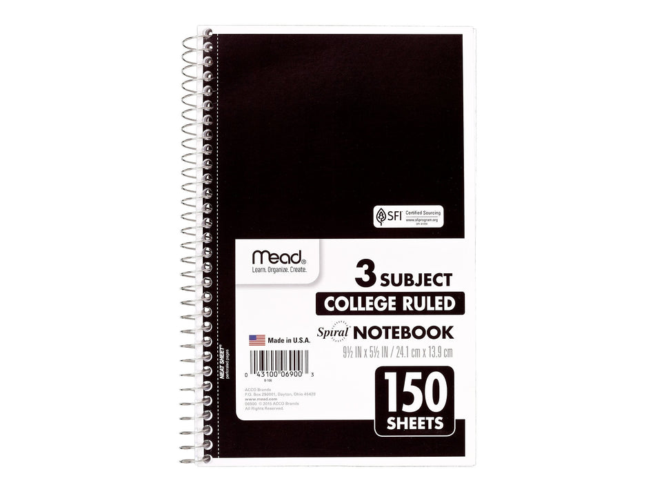 Mead 3-Subject Notebooks, 6" x 9.5", College Ruled, 150 Sheets, Assorted Colors, 12/Carton