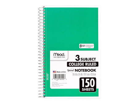 Mead 3-Subject Notebooks, 6" x 9.5", College Ruled, 150 Sheets, Assorted Colors, 12/Carton