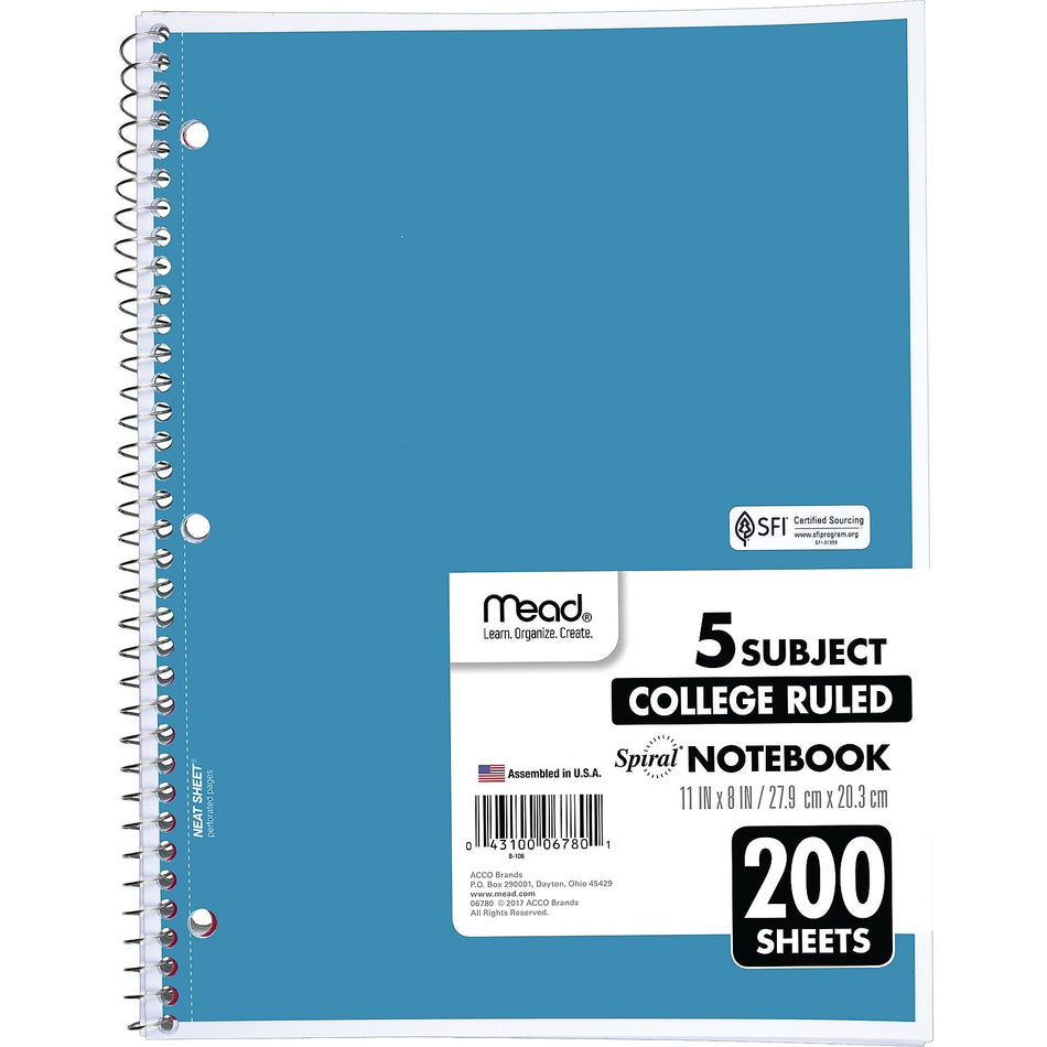 Mead 5-Subject Notebook, 8.5" x 11", College Ruled, 200 Sheets, Assorted Colors, Each
