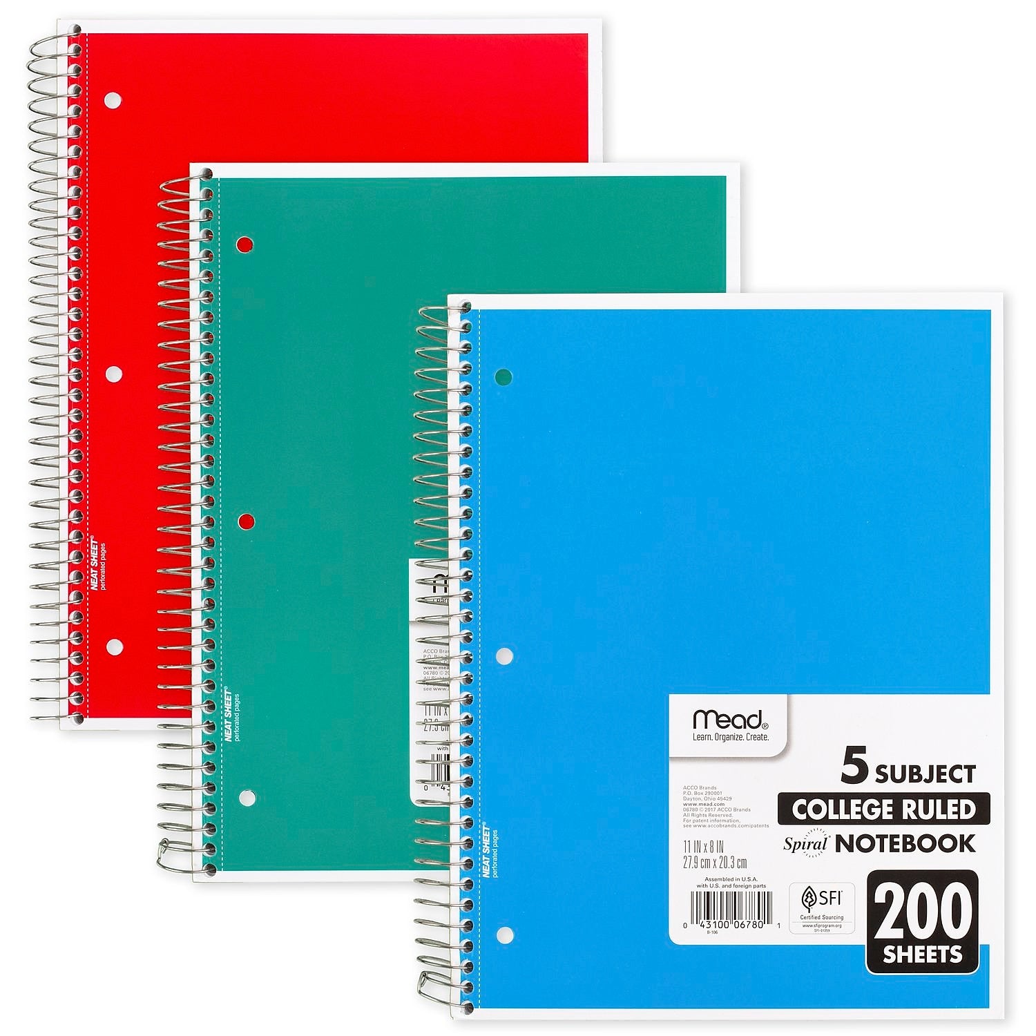 Mead 5-Subject Notebook, 8.5" x 11", College Ruled, 200 Sheets, Assorted Colors, Each