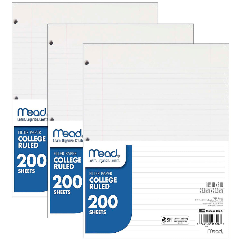 Mead College Ruled Filler Paper, 8" x 10.5", 3-Hole Punched, 200 Sheets/Pack, 3/Bundle