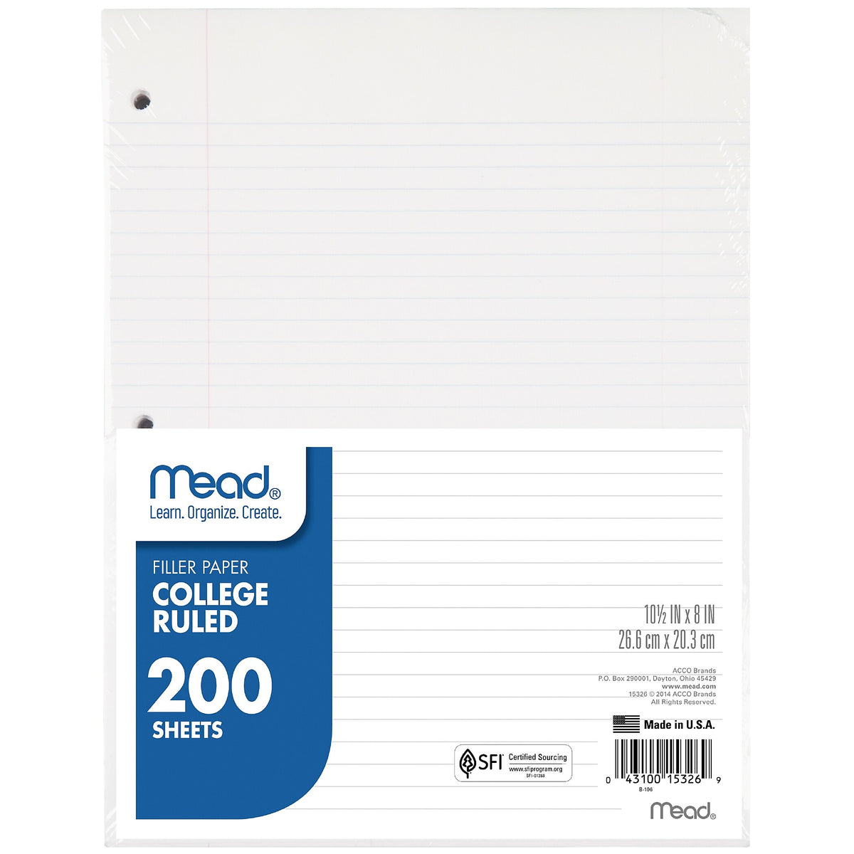 Mead College Ruled Filler Paper, 8" x 10.5", 3-Hole Punched, 200 Sheets/Pack, 3/Bundle