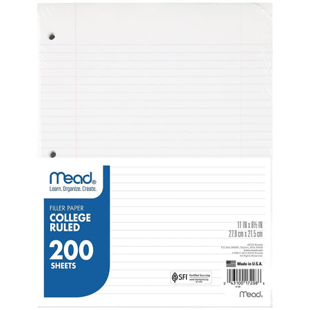 Mead College Ruled Filler Paper, 8.5" x 11", 3-Hole Punched, 200 Sheets/Pack