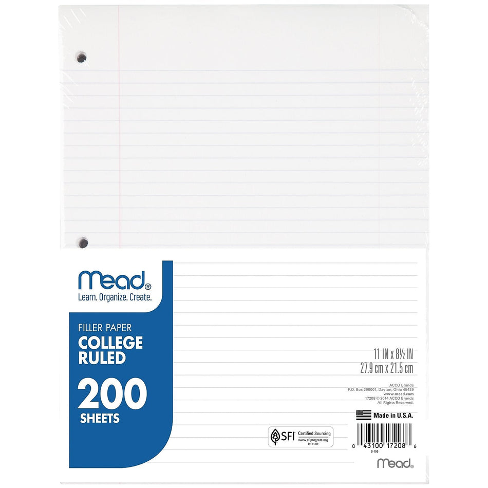 Mead College Ruled Filler Paper, 8.5" x 11", 3-Hole Punched, 200 Sheets/Pack