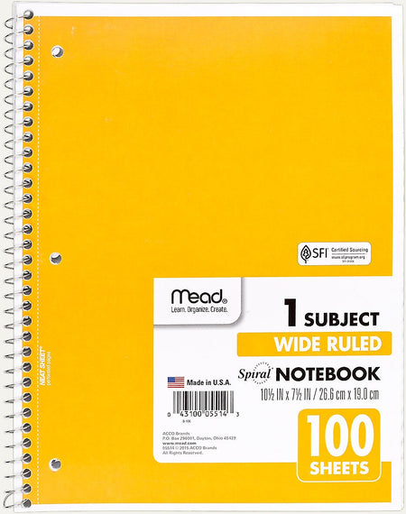Mead Spiral 1-Subject Notebook, 8" x 10.5", Wide Ruled, 100 Sheets, Sold as an Each