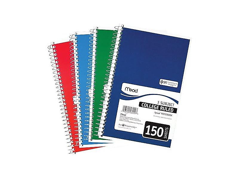Mead Spiral 3-Subject Notebooks, 5.5" x 9.5", College Ruled, 150 Sheets, Each