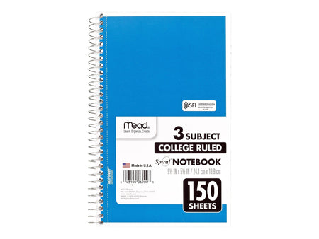 Mead Spiral 3-Subject Notebooks, 5.5" x 9.5", College Ruled, 150 Sheets, Each