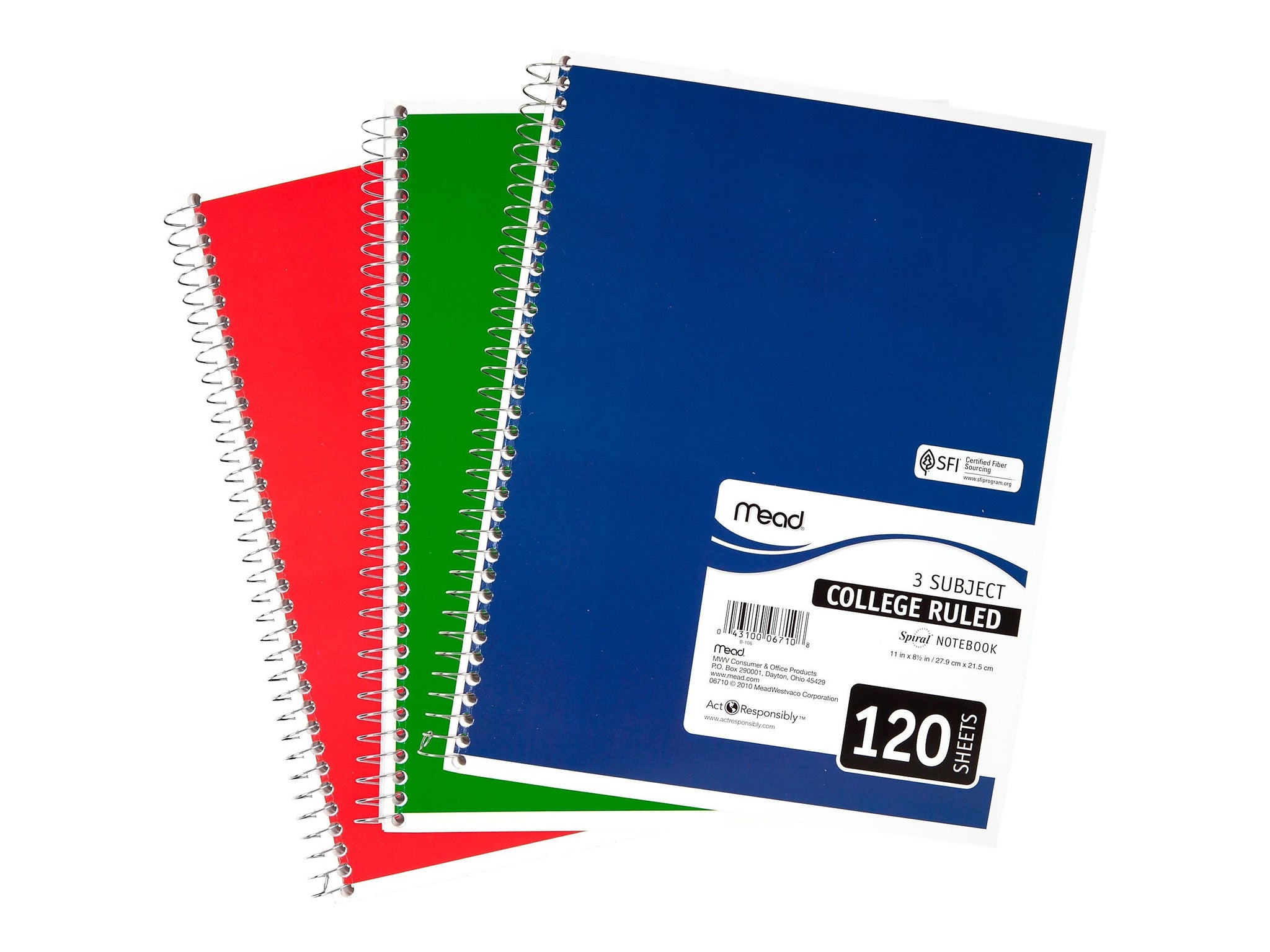 Mead Spiral 3-Subject Notebooks, 8.5
