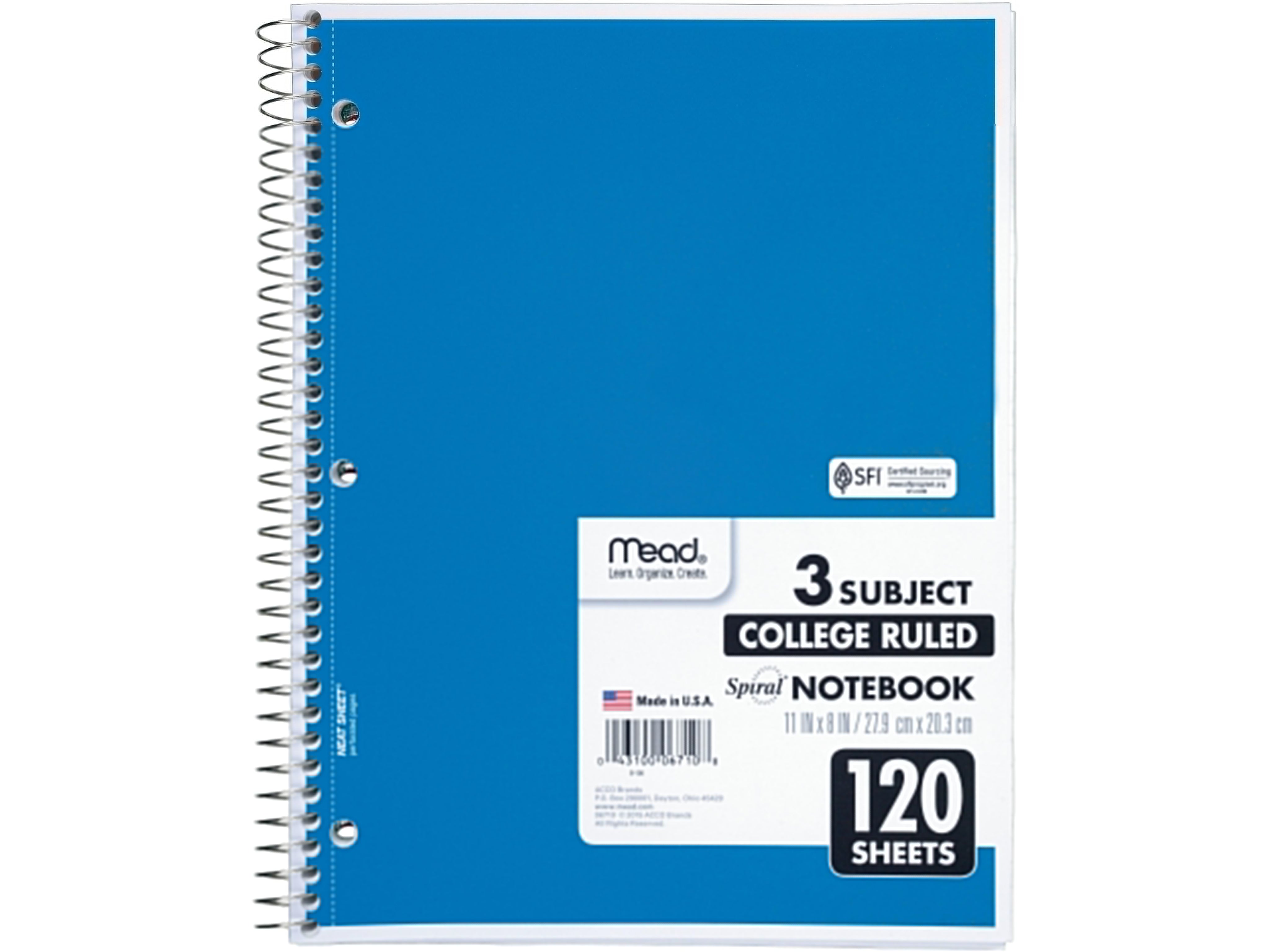 Mead Spiral 3-Subject Notebooks, 8.5" x 11", College Ruled, 120 Sheets, Assorted Colors, Each