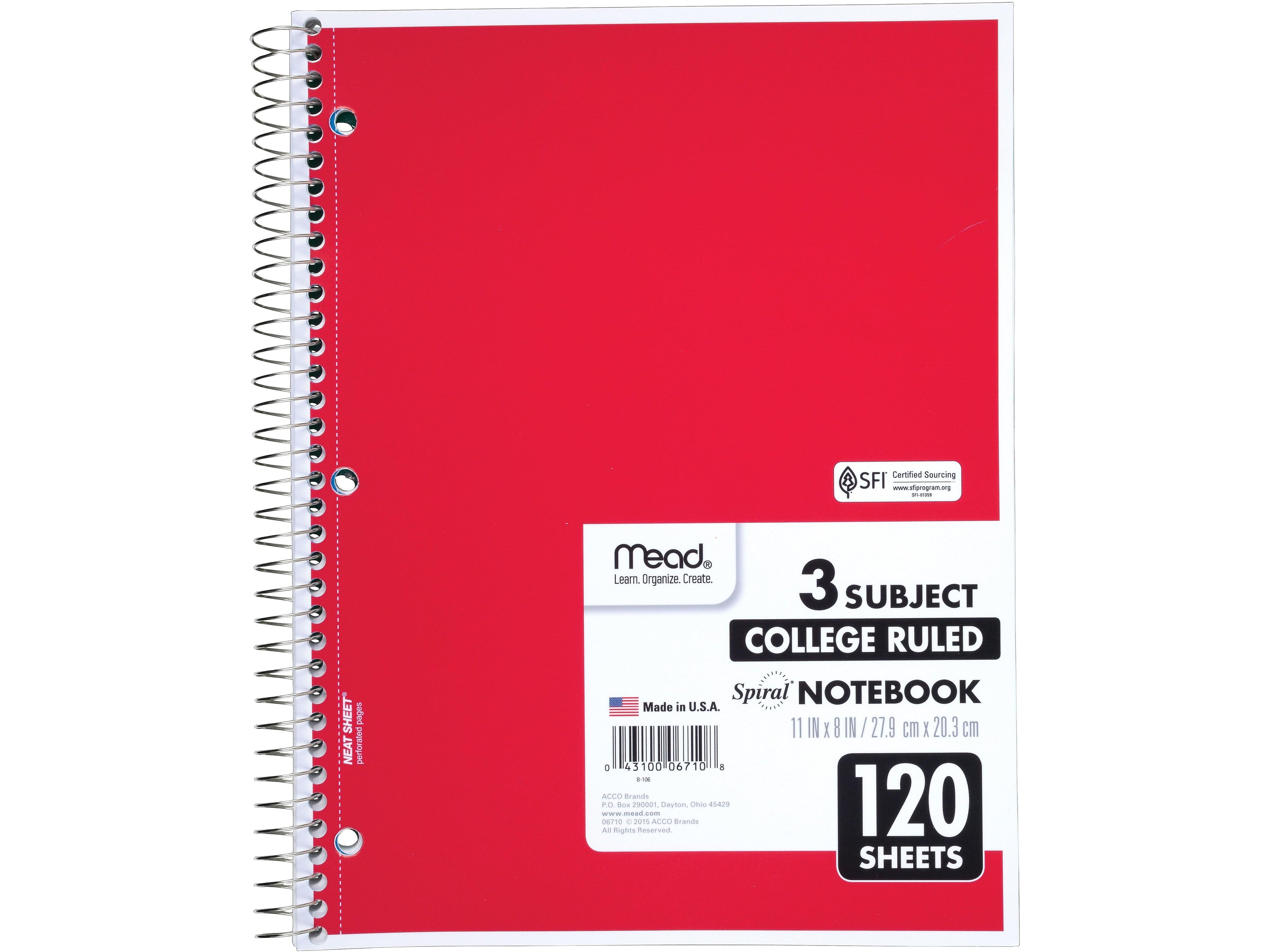 Mead Spiral 3-Subject Notebooks, 8.5" x 11", College Ruled, 120 Sheets, Assorted Colors, Each