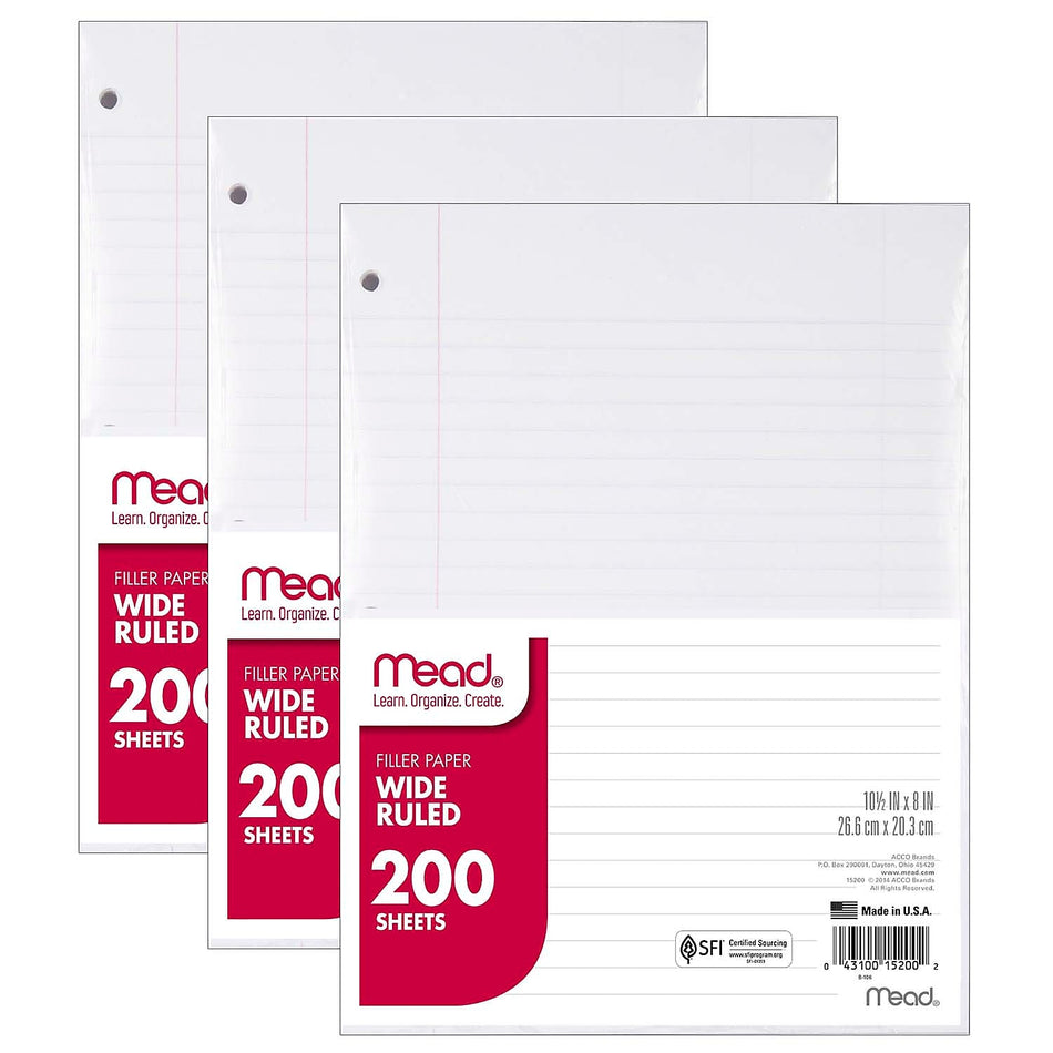 Mead Wide Ruled Filler Paper, 10.5 x 8", White, 200 Sheets/Pack, 3 Packs