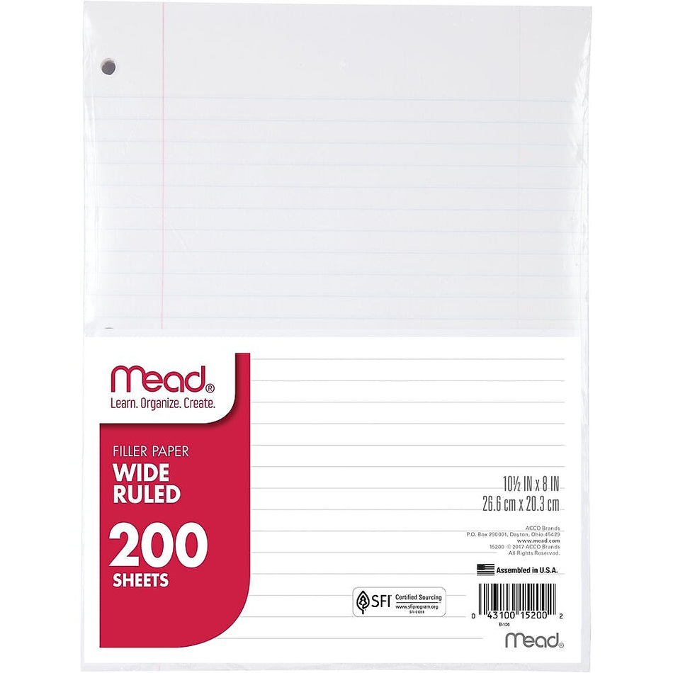 Mead Wide Ruled Filler Paper, 8" x 10.5", 3-Hole Punched, 200 Sheets/Pack
