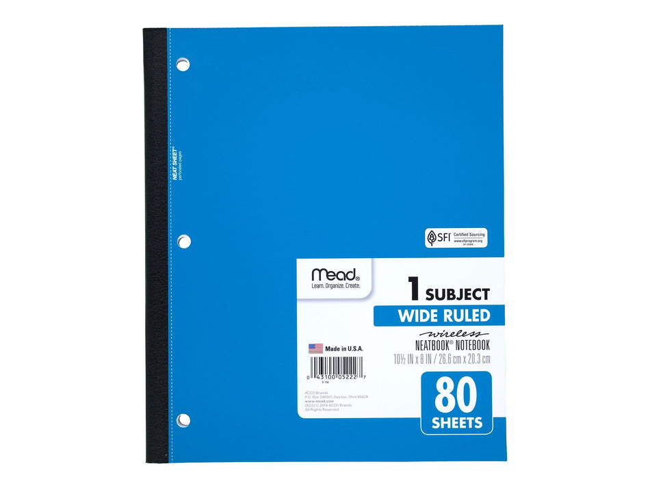 Mead Wireless Neatbook 1-Subject Notebooks, 8" x 10.5", Wide Ruled, 80 Sheets, Each