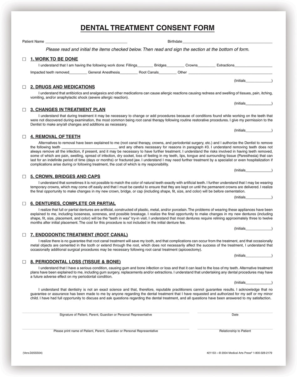 Medical Arts Press® Consent Form, Dental Treatment, Bilingual