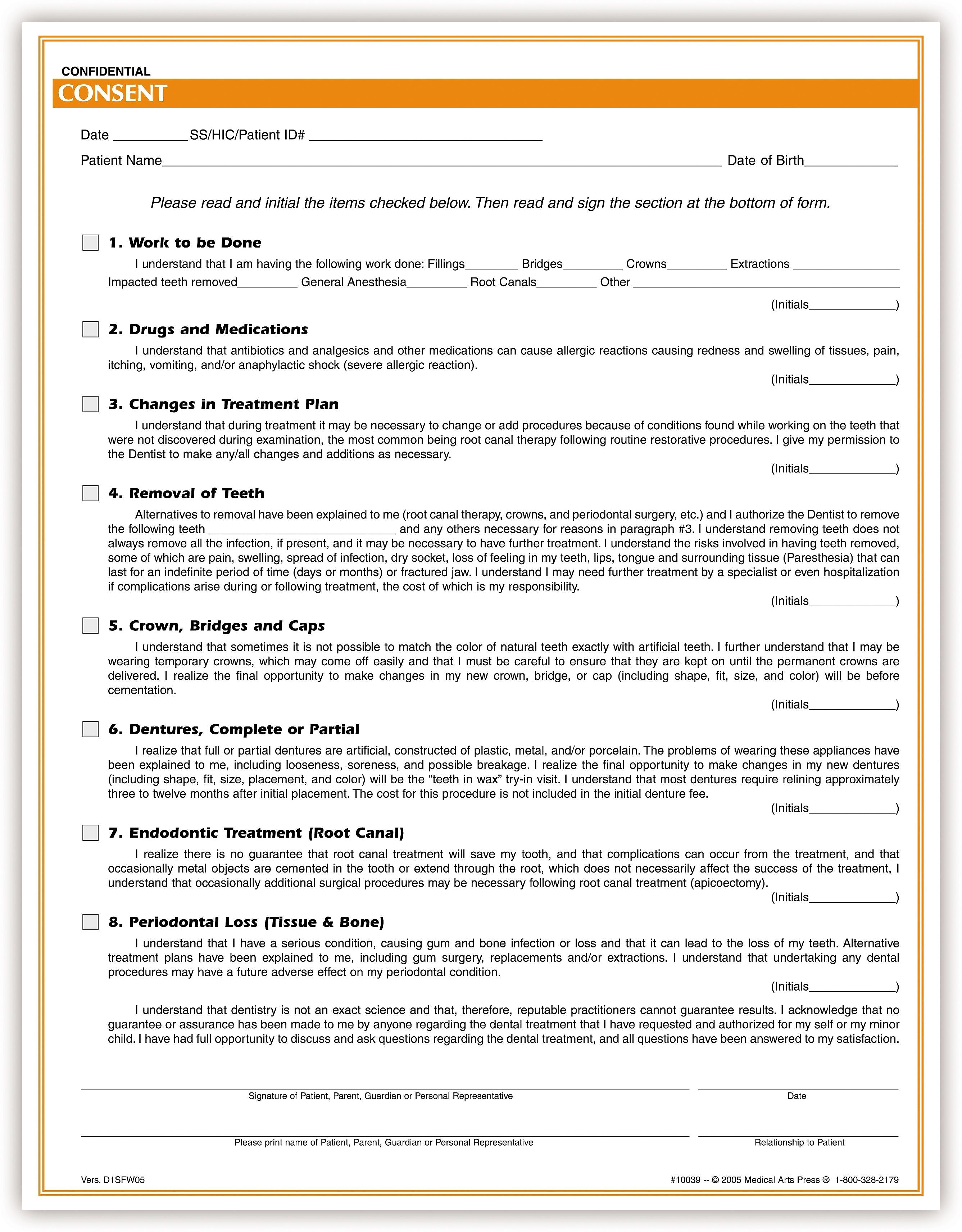 Medical Arts Press® Dental Consent Form; Rainbow FormFamily™, Dental