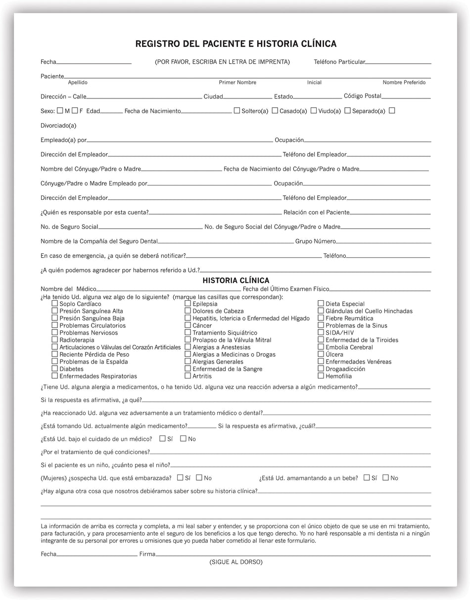 Medical Arts Press® Dental Registration and Medical History Form, Spanish