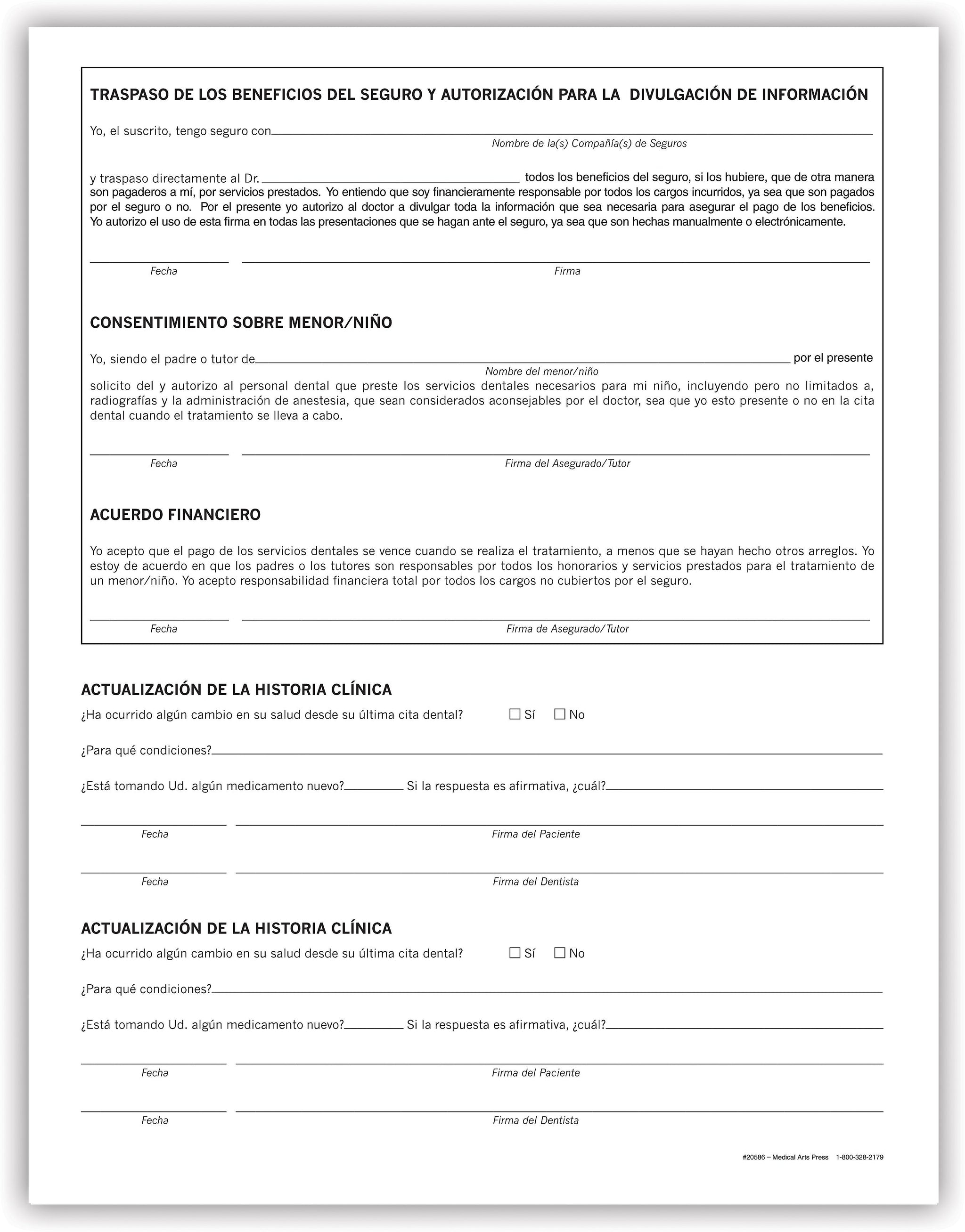 Medical Arts Press® Dental Registration and Medical History Form, Spanish
