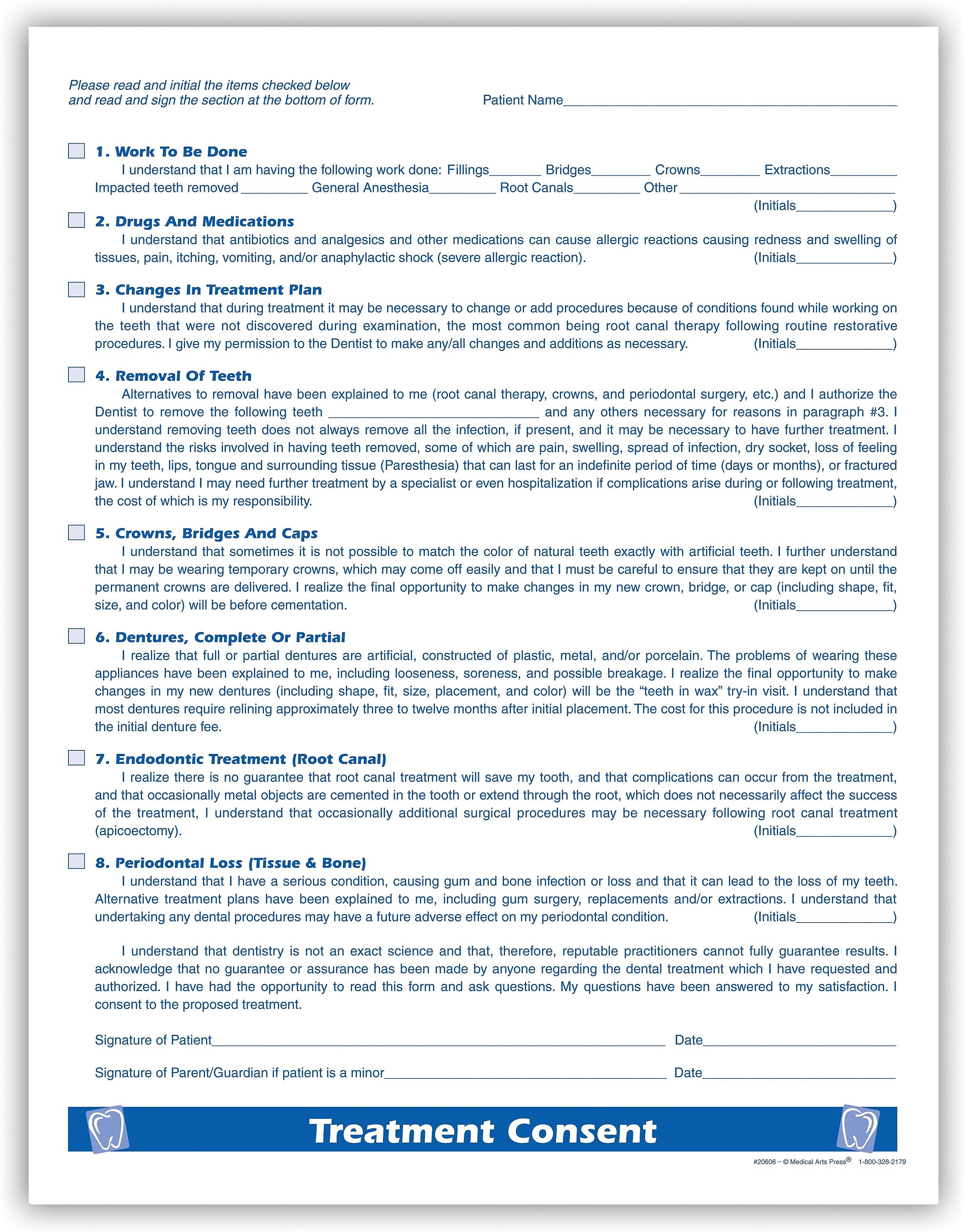 Medical Arts Press® Dental Treatment Consent Form; 1-Sided