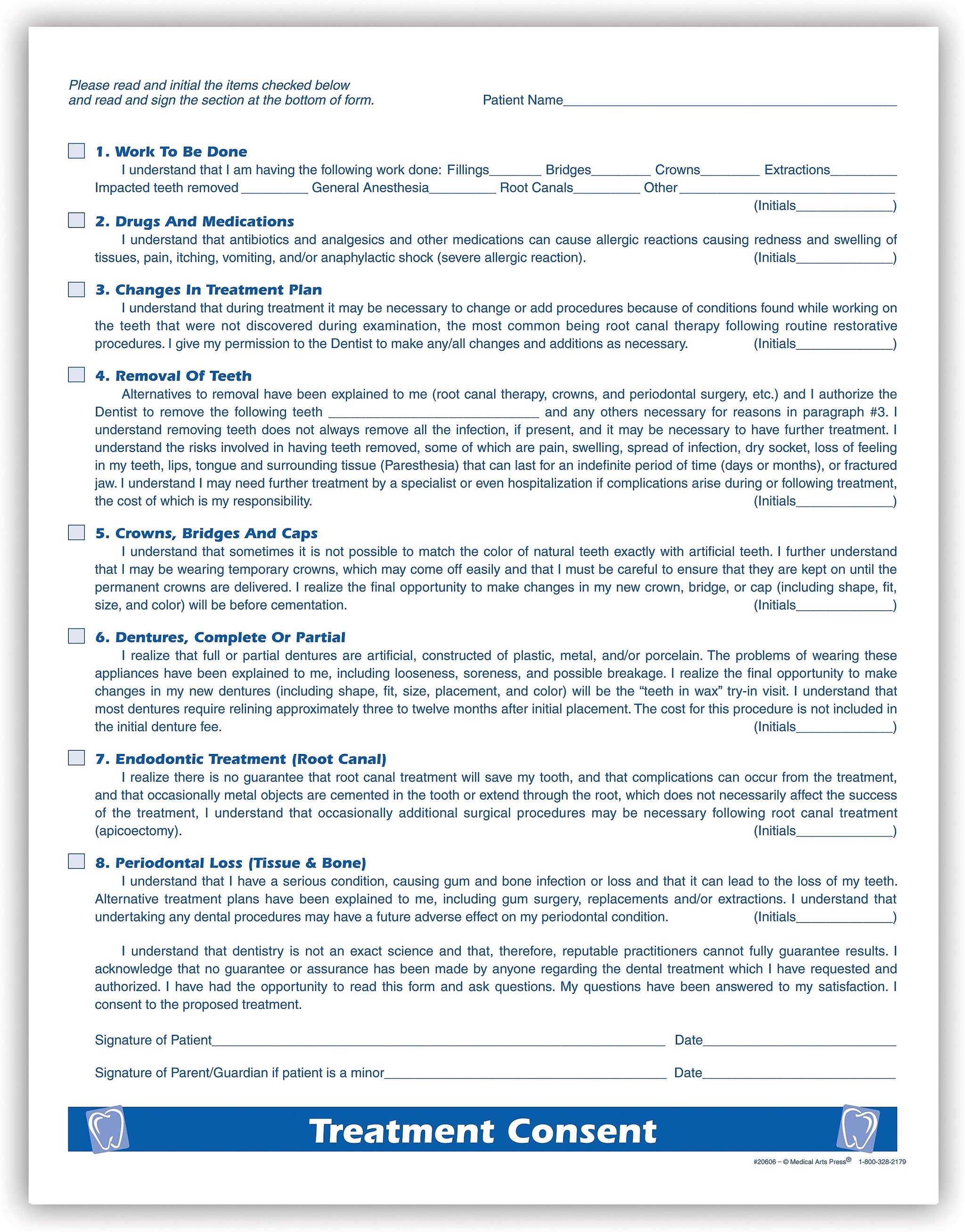 Medical Arts Press® Dental Treatment Consent Form; 1-Sided