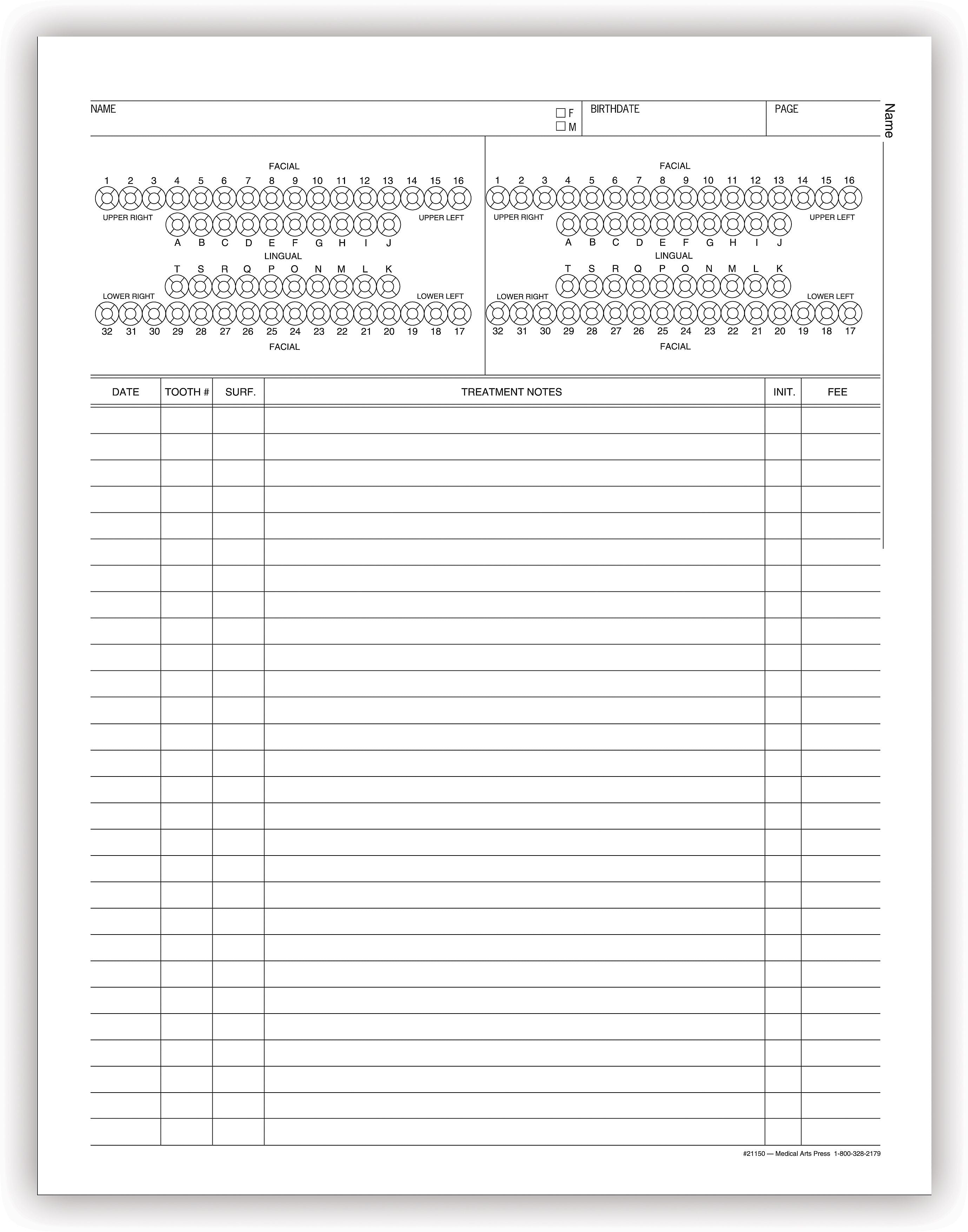 Medical Arts Press® Treatment Notes, Tooth Diagram, Non-Imprinted, No Punch