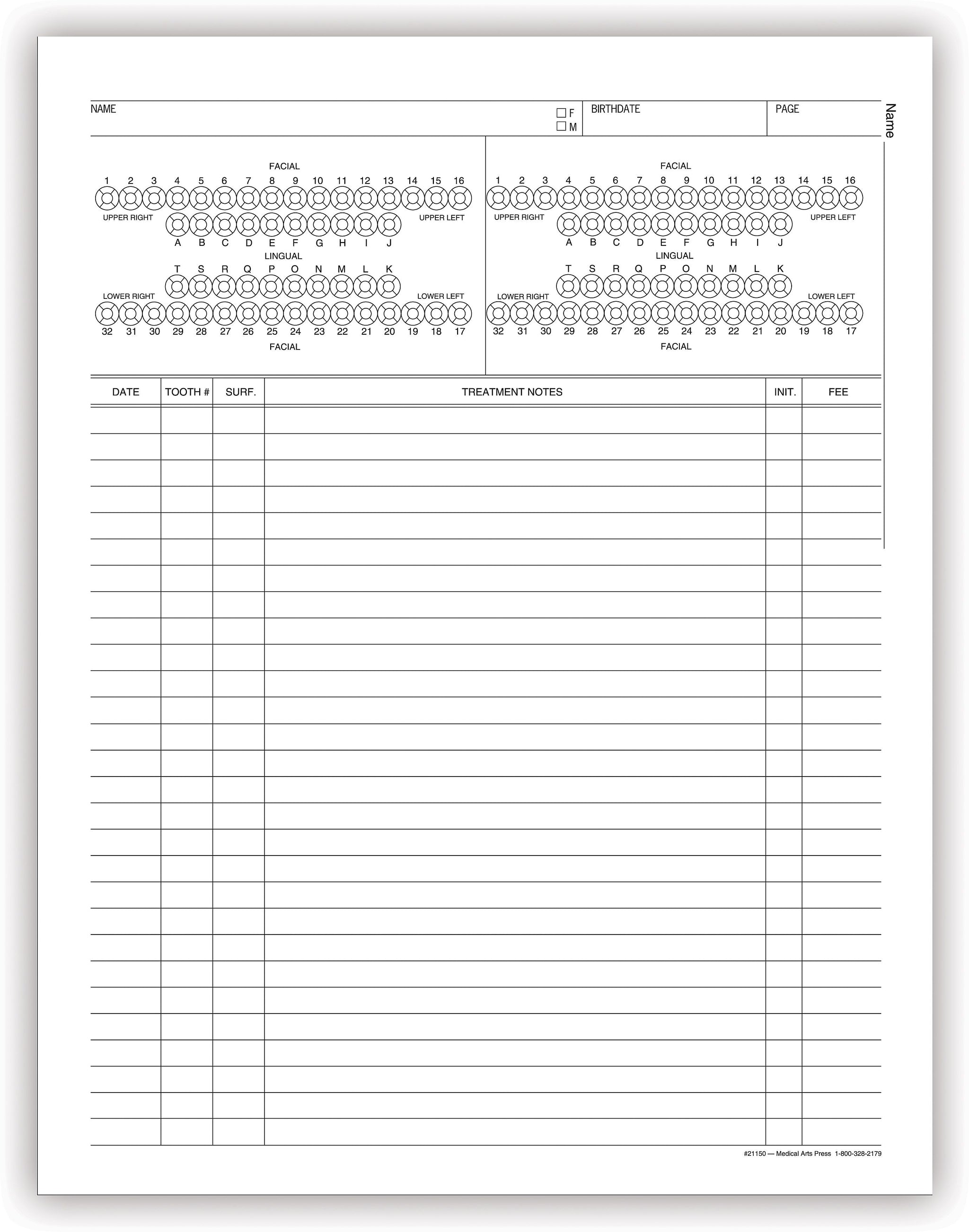 Medical Arts Press® Treatment Notes, Tooth Diagram, Non-Imprinted, No Punch