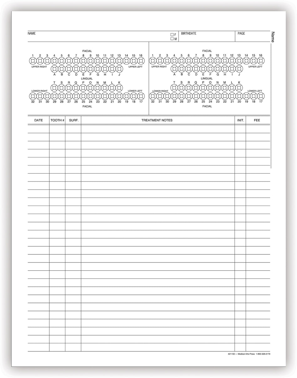 Medical Arts Press® Treatment Notes, Tooth Diagram, Non-Imprinted, No Punch