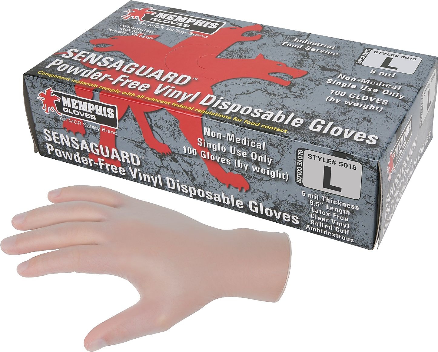 Memphis SensaTouch Disposable Vinyl Industrial/Food Service Gloves, Latex-Free, Clear, Medium, 100/Box