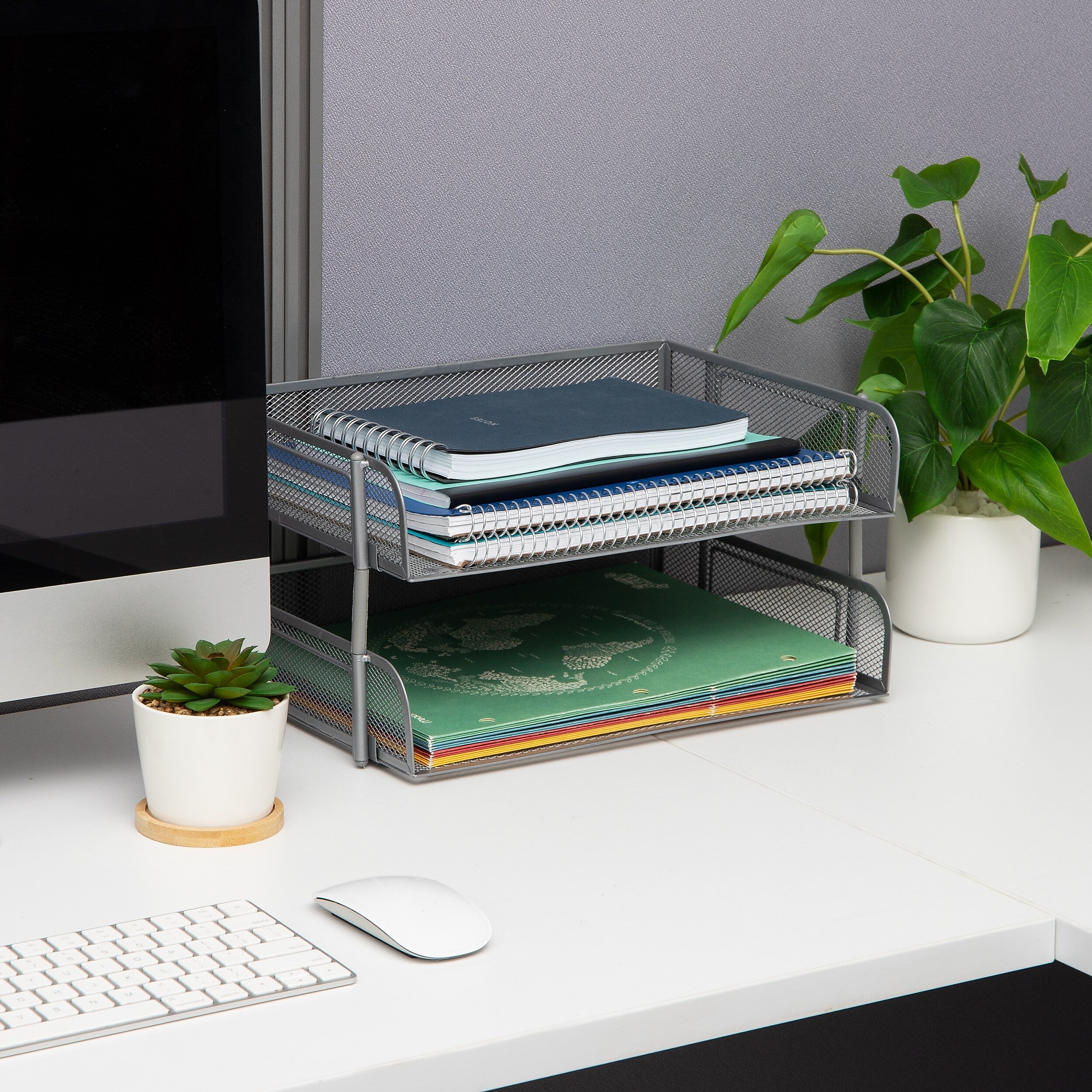 Mind Reader 2-Tier Stackable Paper Desk Tray, File Storage, Metal, Silver, 2/Pack
