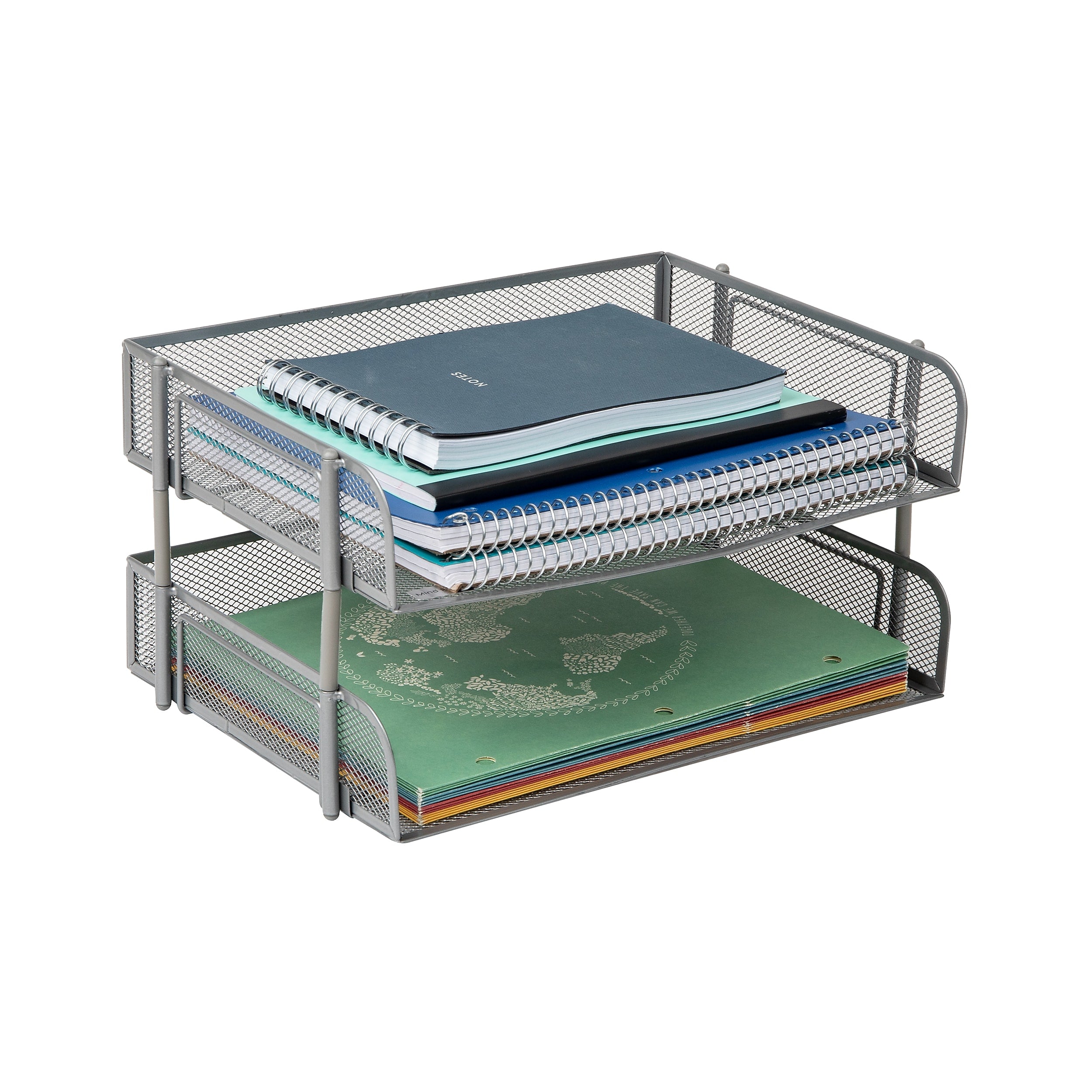 Mind Reader 2-Tier Stackable Paper Desk Tray, File Storage, Metal, Silver, 2/Pack