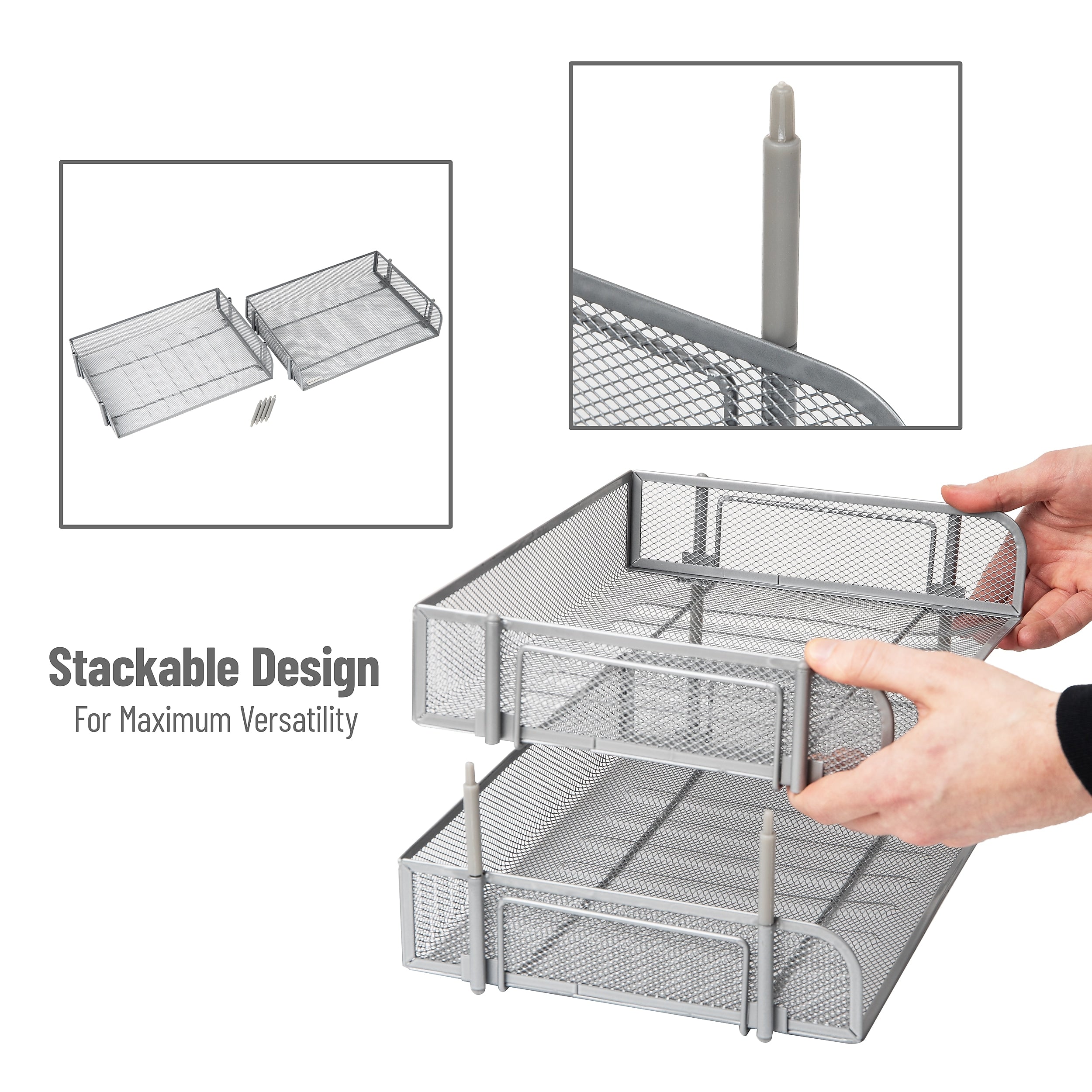 Mind Reader 2-Tier Stackable Paper Desk Tray, File Storage, Metal, Silver, 2/Pack