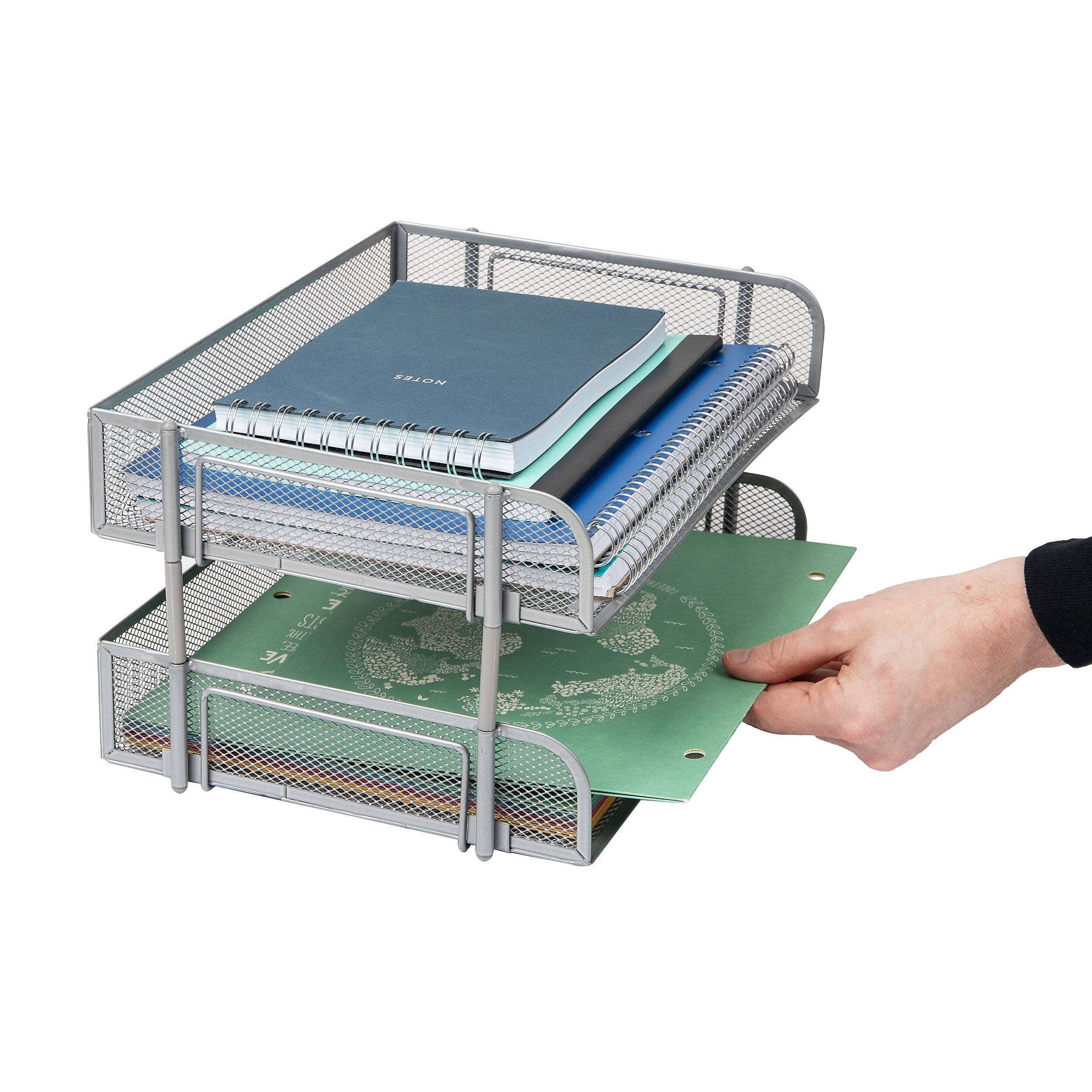 Mind Reader 2-Tier Stackable Paper Desk Tray, File Storage, Metal, Silver, 2/Pack
