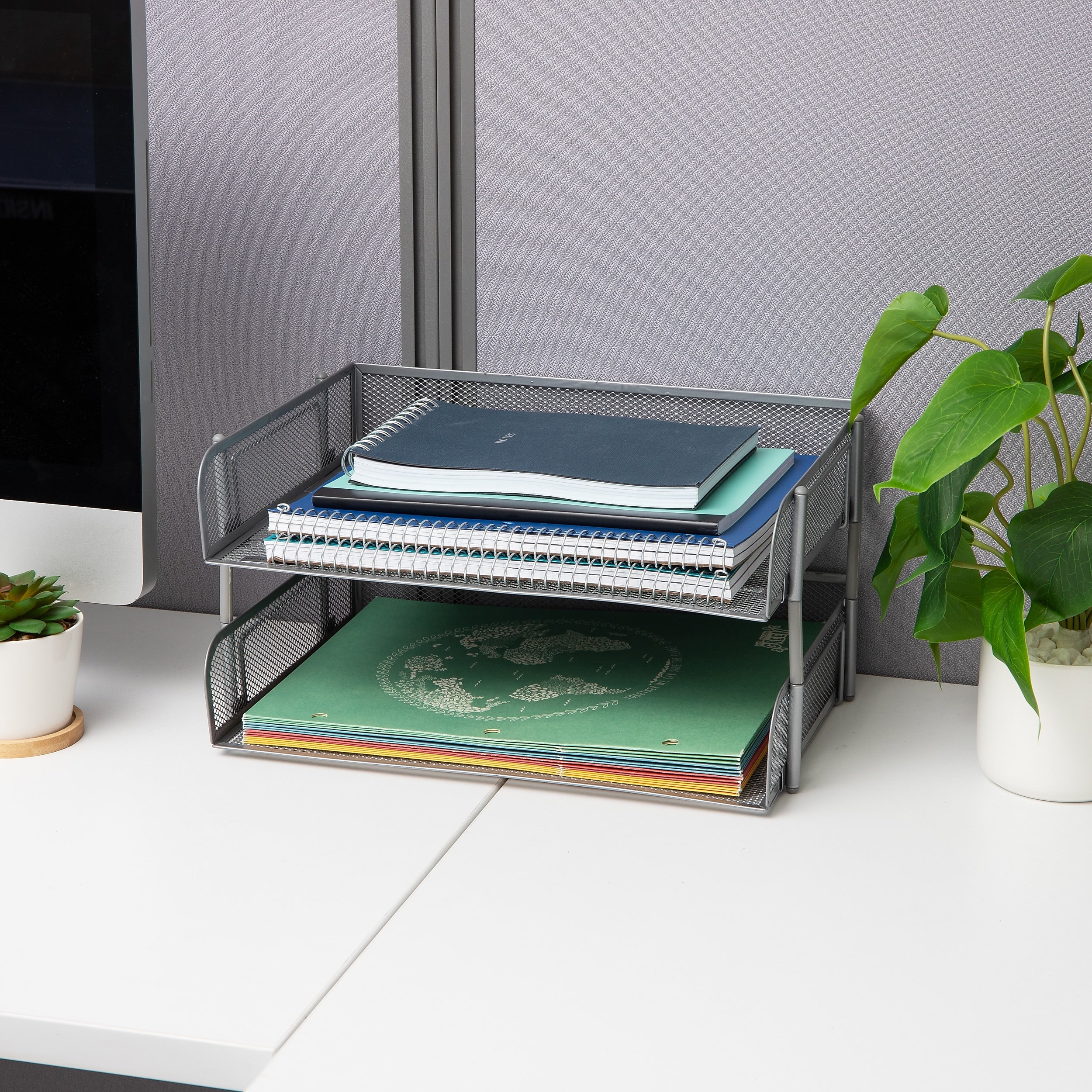 Mind Reader 2-Tier Stackable Paper Desk Tray, File Storage, Metal, Silver, 2/Pack