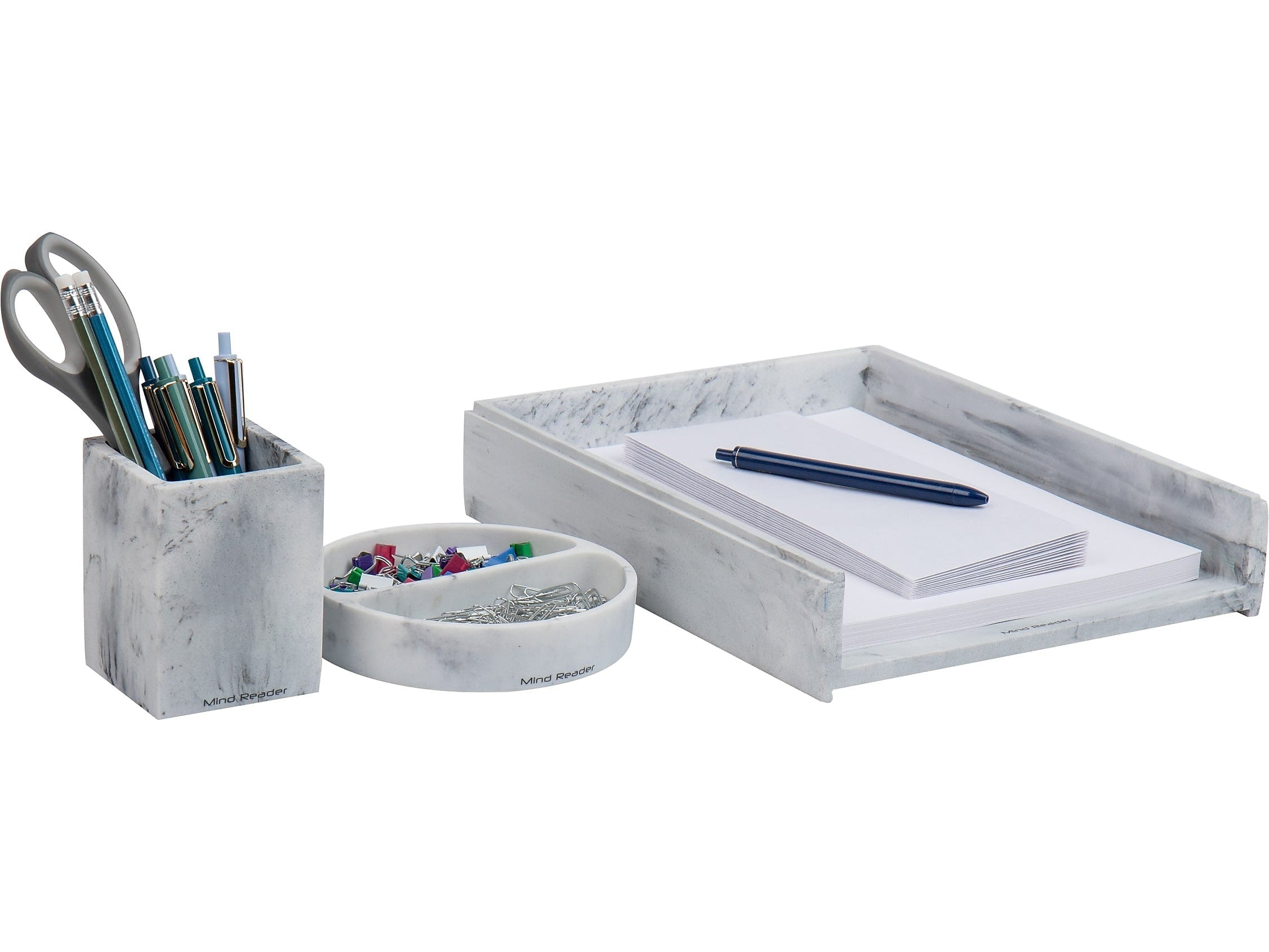 Mind Reader 3-Piece Pen Cup Catch-All Dish and Paper Tray Desk Organizer Set, Resin, Gray