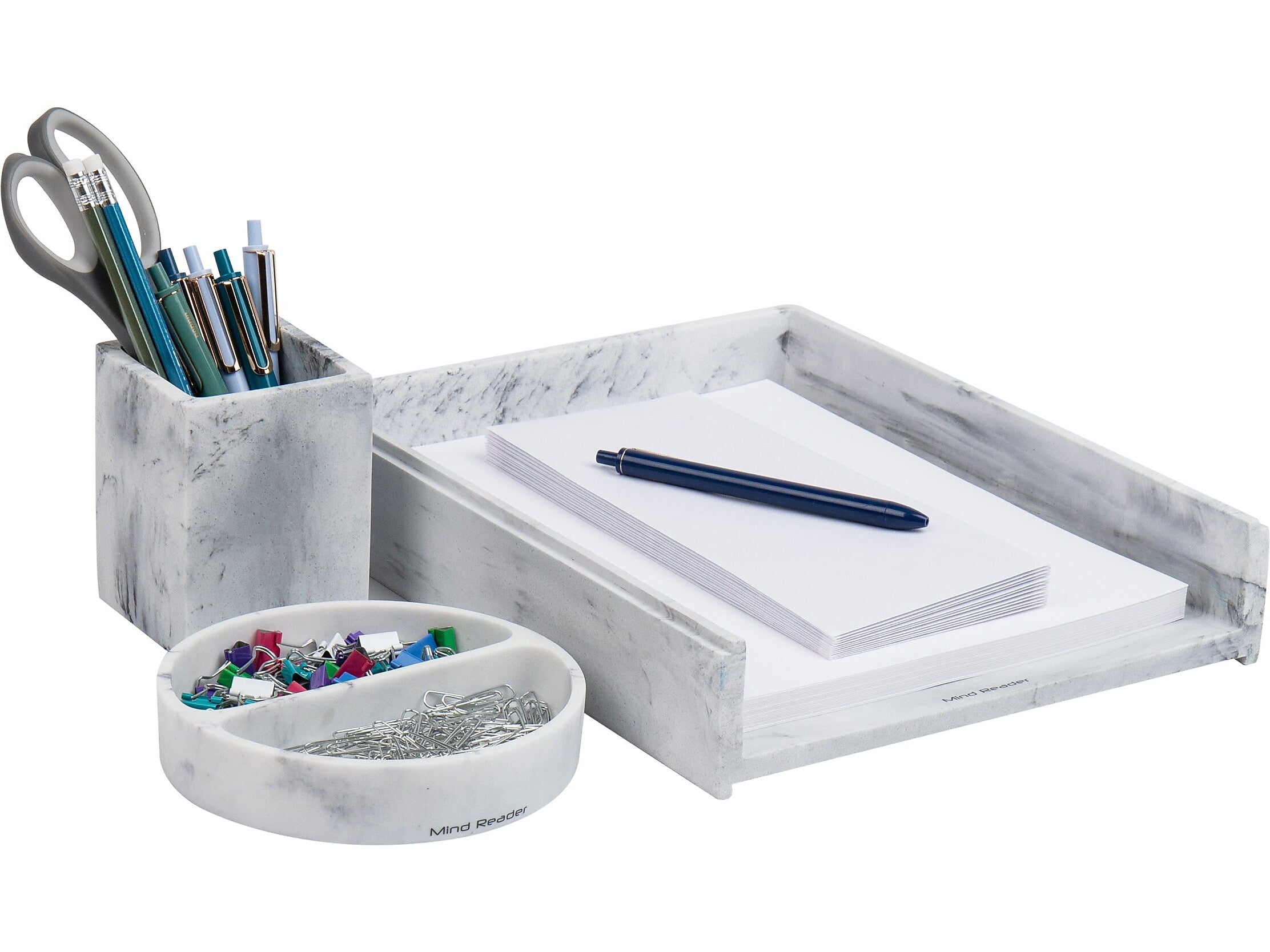 Mind Reader 3-Piece Pen Cup Catch-All Dish and Paper Tray Desk Organizer Set, Resin, Gray