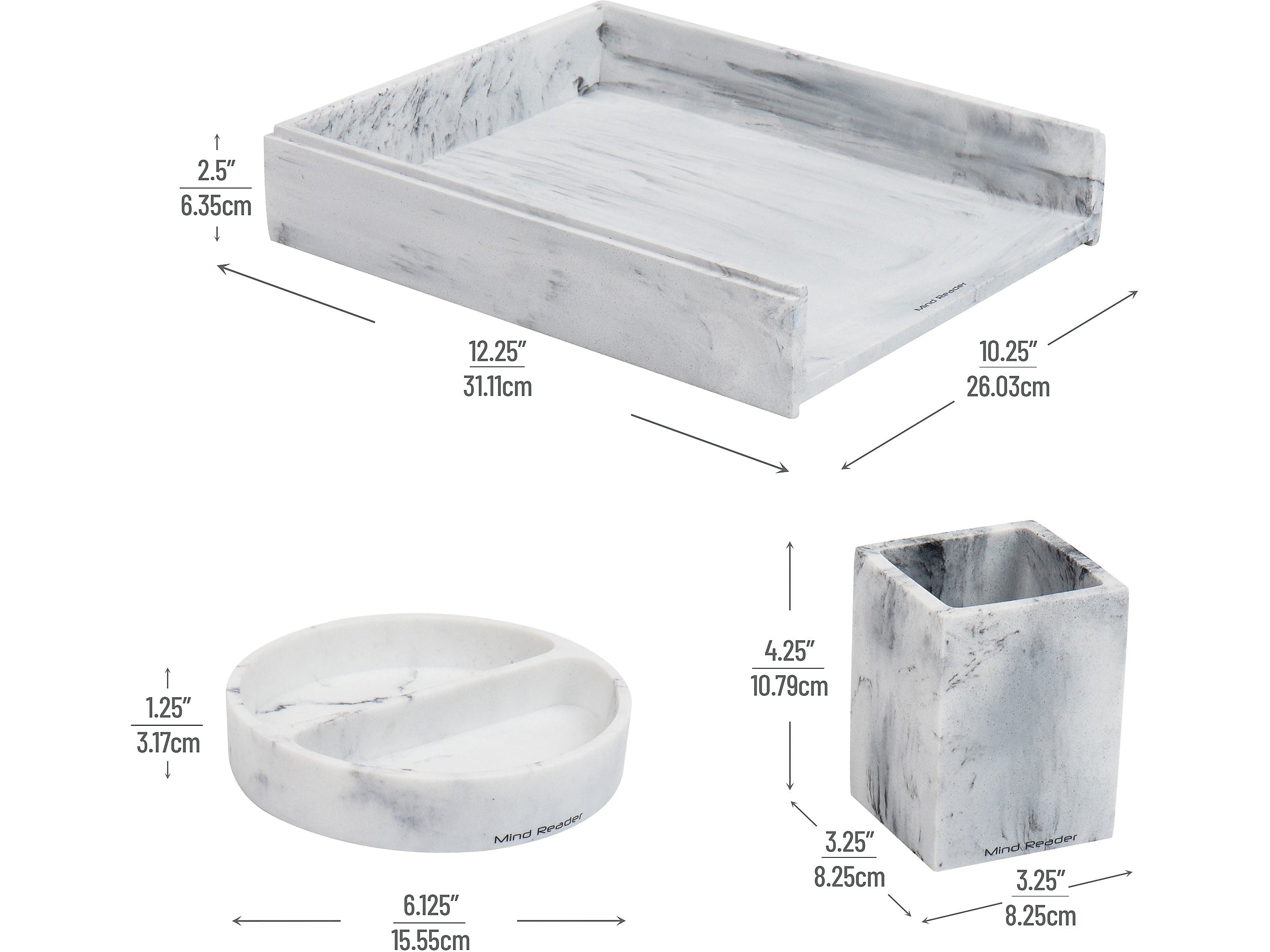 Mind Reader 3-Piece Pen Cup Catch-All Dish and Paper Tray Desk Organizer Set, Resin, Gray