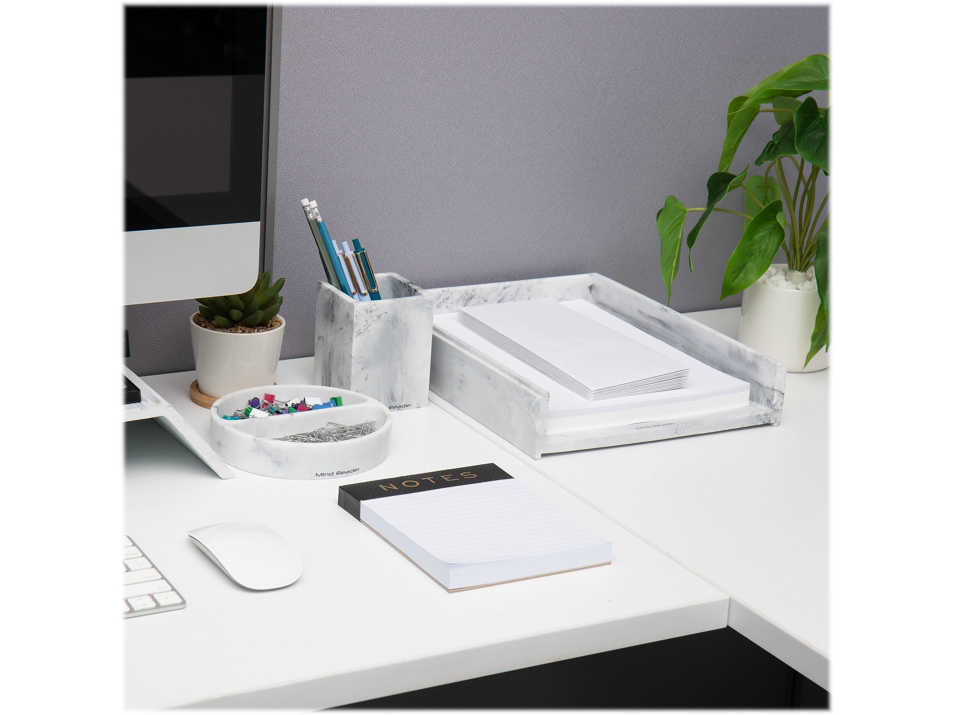 Mind Reader 3-Piece Pen Cup Catch-All Dish and Paper Tray Desk Organizer Set, Resin, Gray