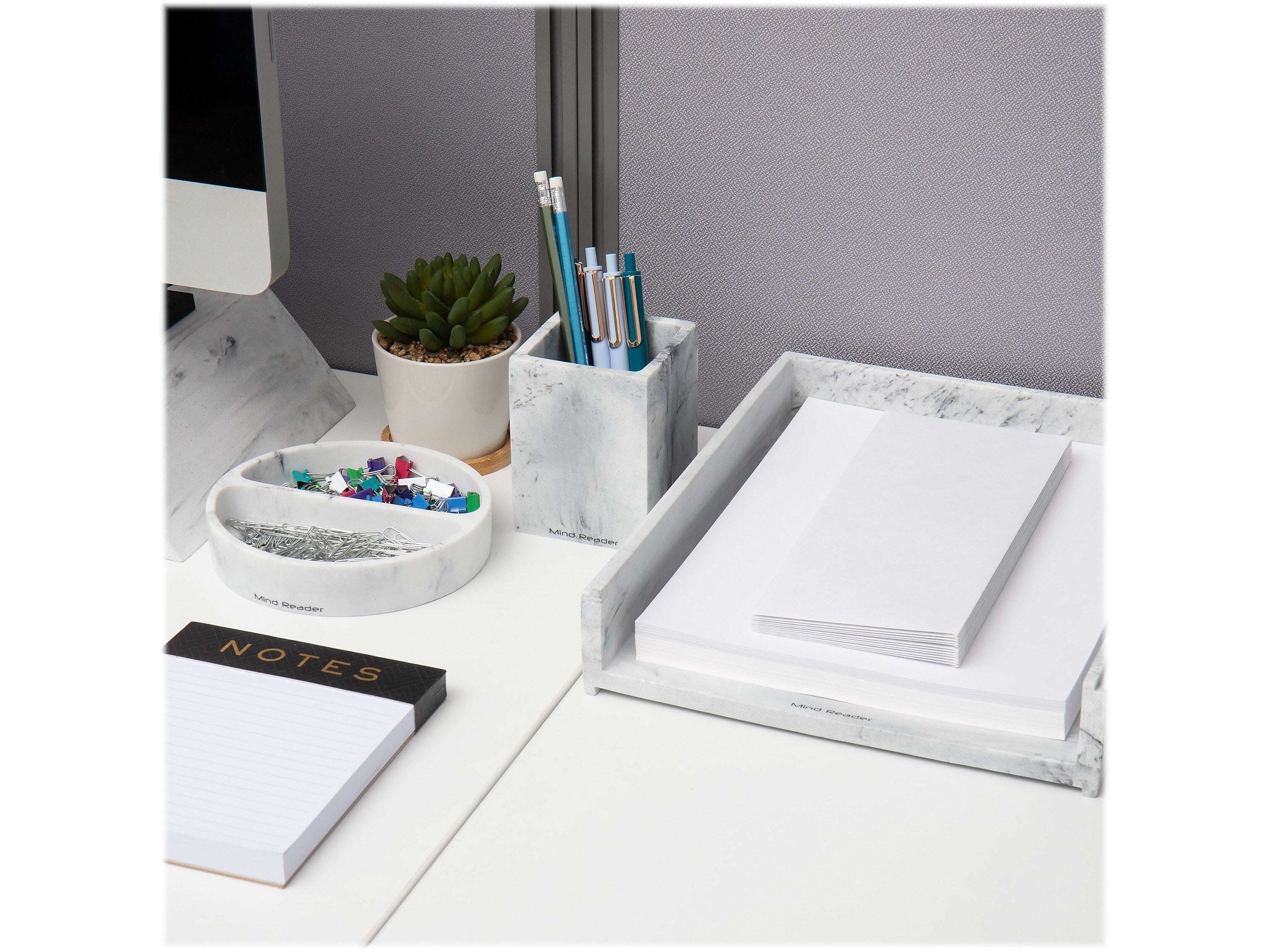 Mind Reader 3-Piece Pen Cup Catch-All Dish and Paper Tray Desk Organizer Set, Resin, Gray
