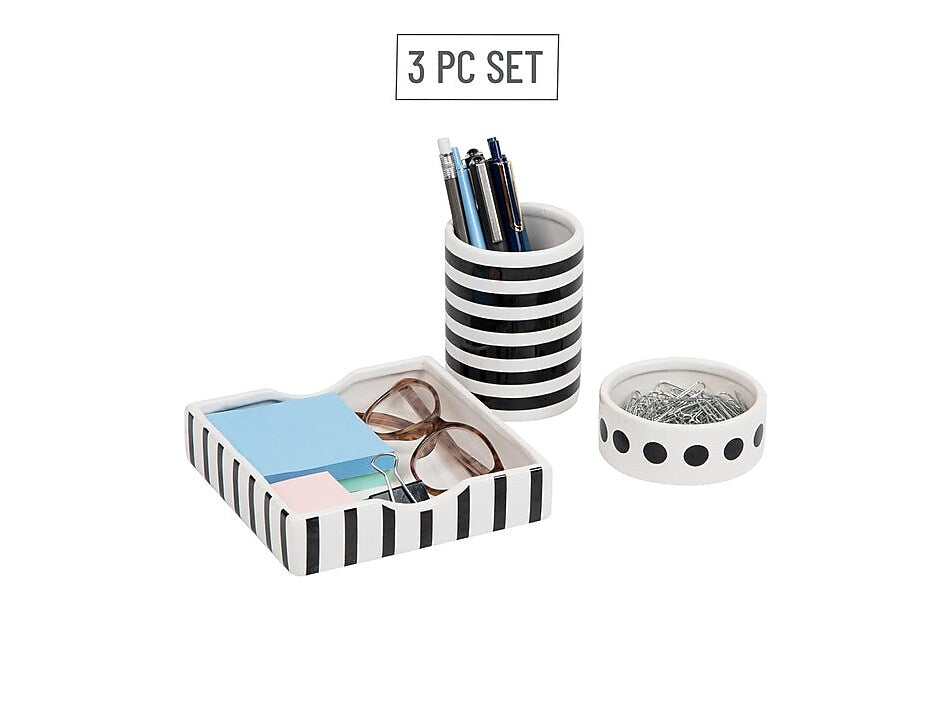 Mind Reader 3-Piece Pen Cup Clip Dish and Memo Tray Desktop Organizer Set, Ceramic, Black/White