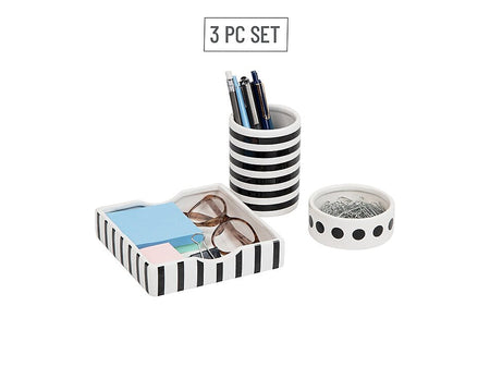 Mind Reader 3-Piece Pen Cup Clip Dish and Memo Tray Desktop Organizer Set, Ceramic, Black/White