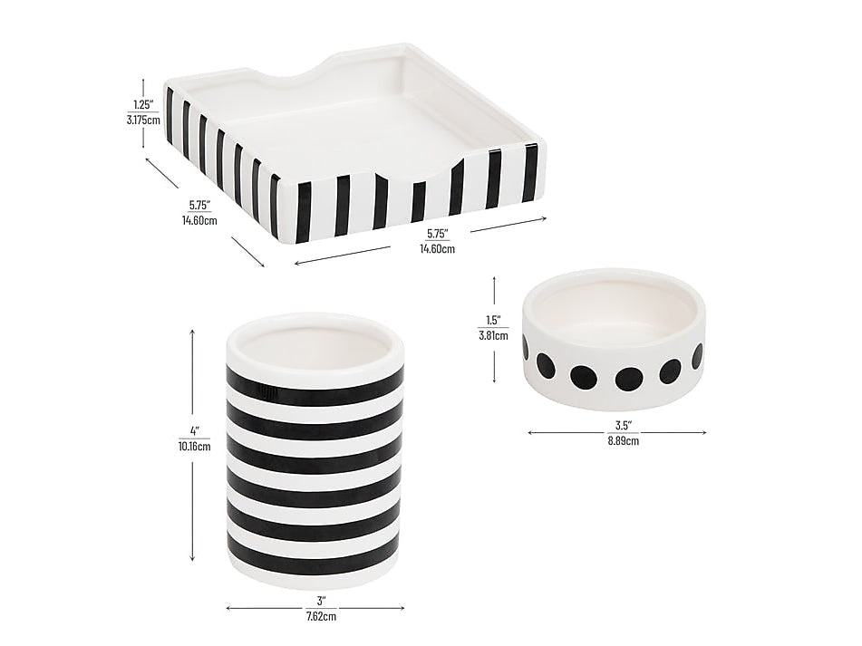 Mind Reader 3-Piece Pen Cup Clip Dish and Memo Tray Desktop Organizer Set, Ceramic, Black/White