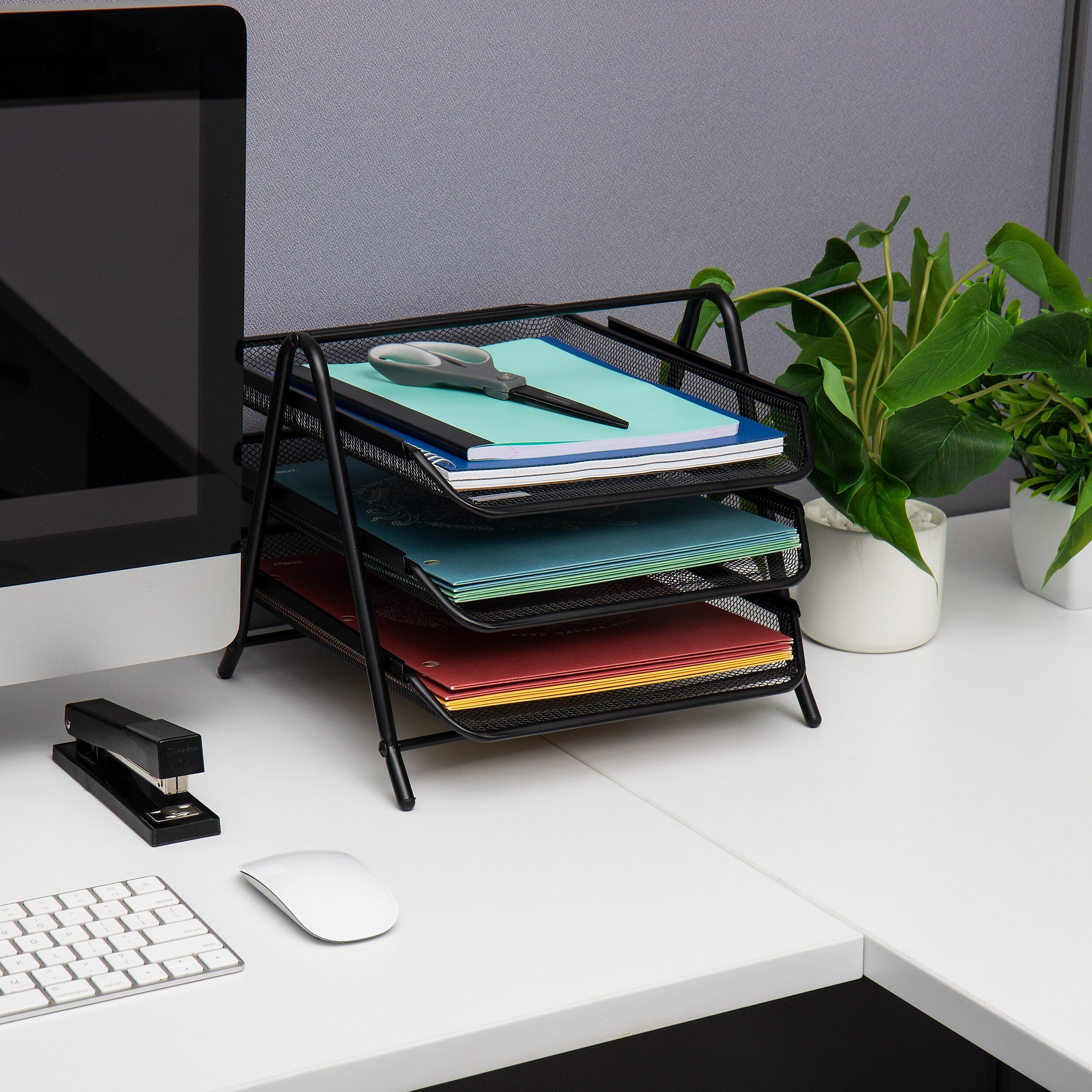 Mind Reader 3-Tier Stackable Paper Desk Tray Organizer, Metal, Black