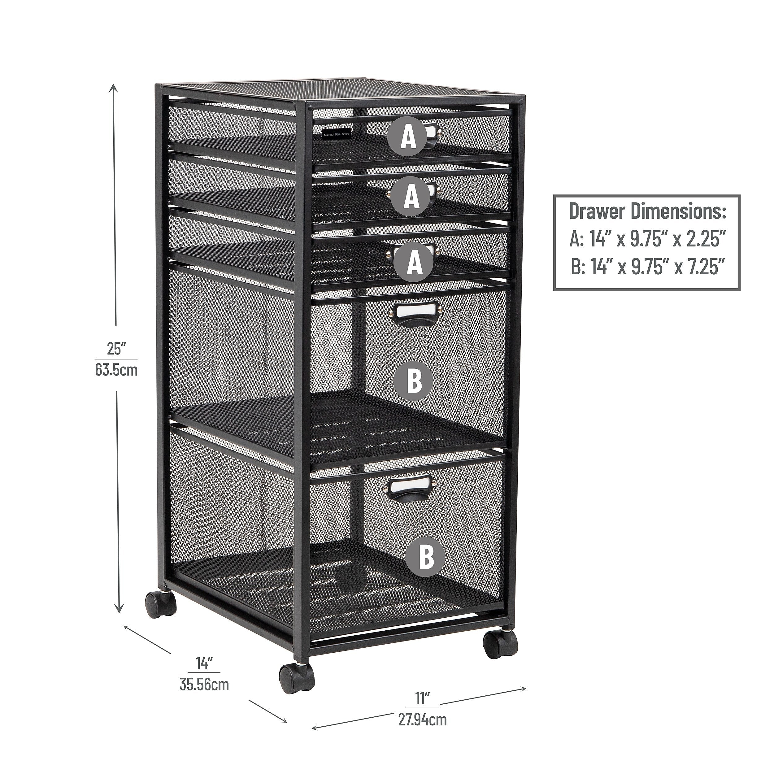 Mind Reader 5-Drawer Mobile Cart with Drawers Laundry Organizer Utility Cart with Wheels, Metal, Black