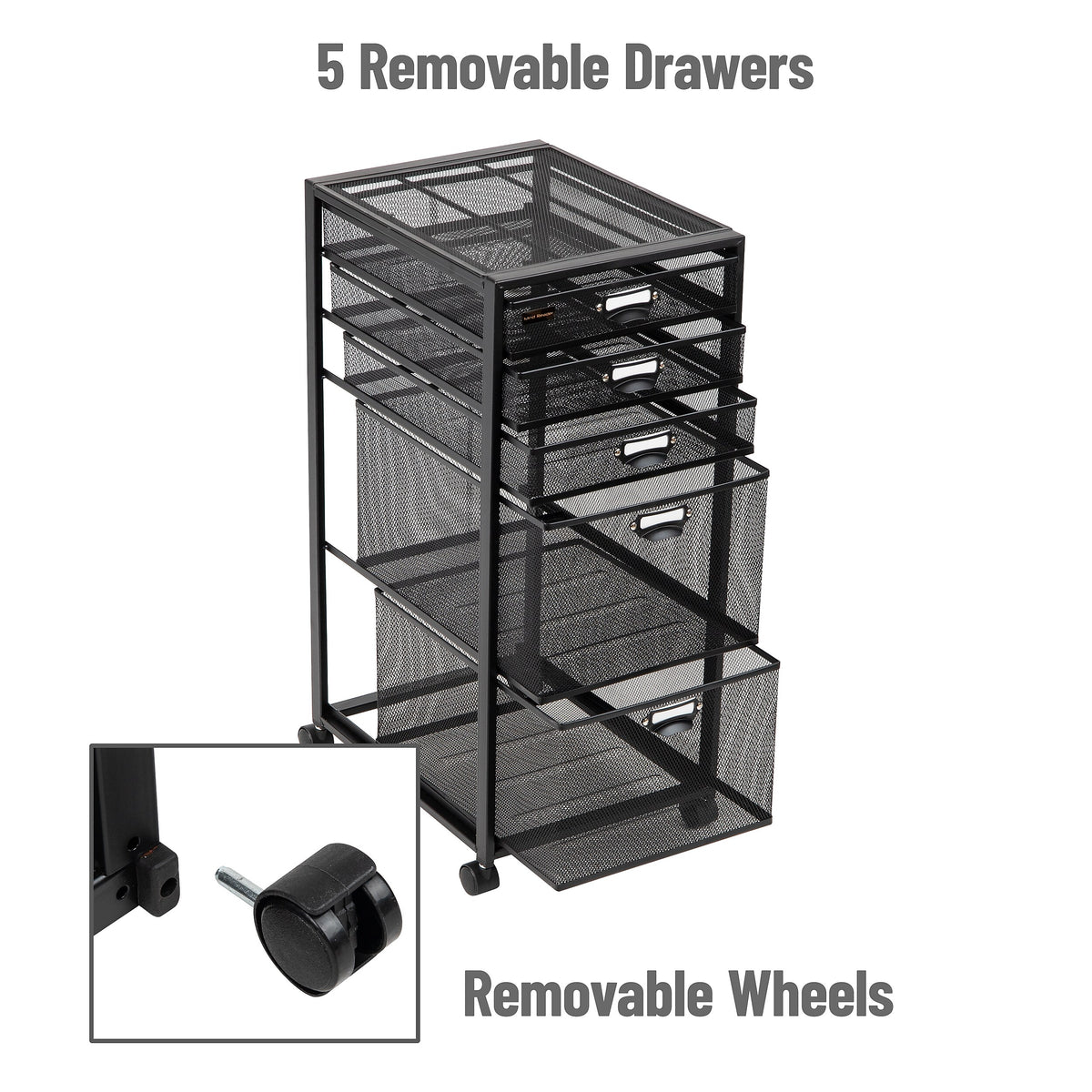 Mind Reader 5-Drawer Mobile Cart with Drawers Laundry Organizer Utility Cart with Wheels, Metal, Black