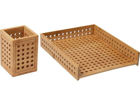 Mind Reader Lattice Collection Bamboo Paper Tray and Pen Cup Set, Light Brown