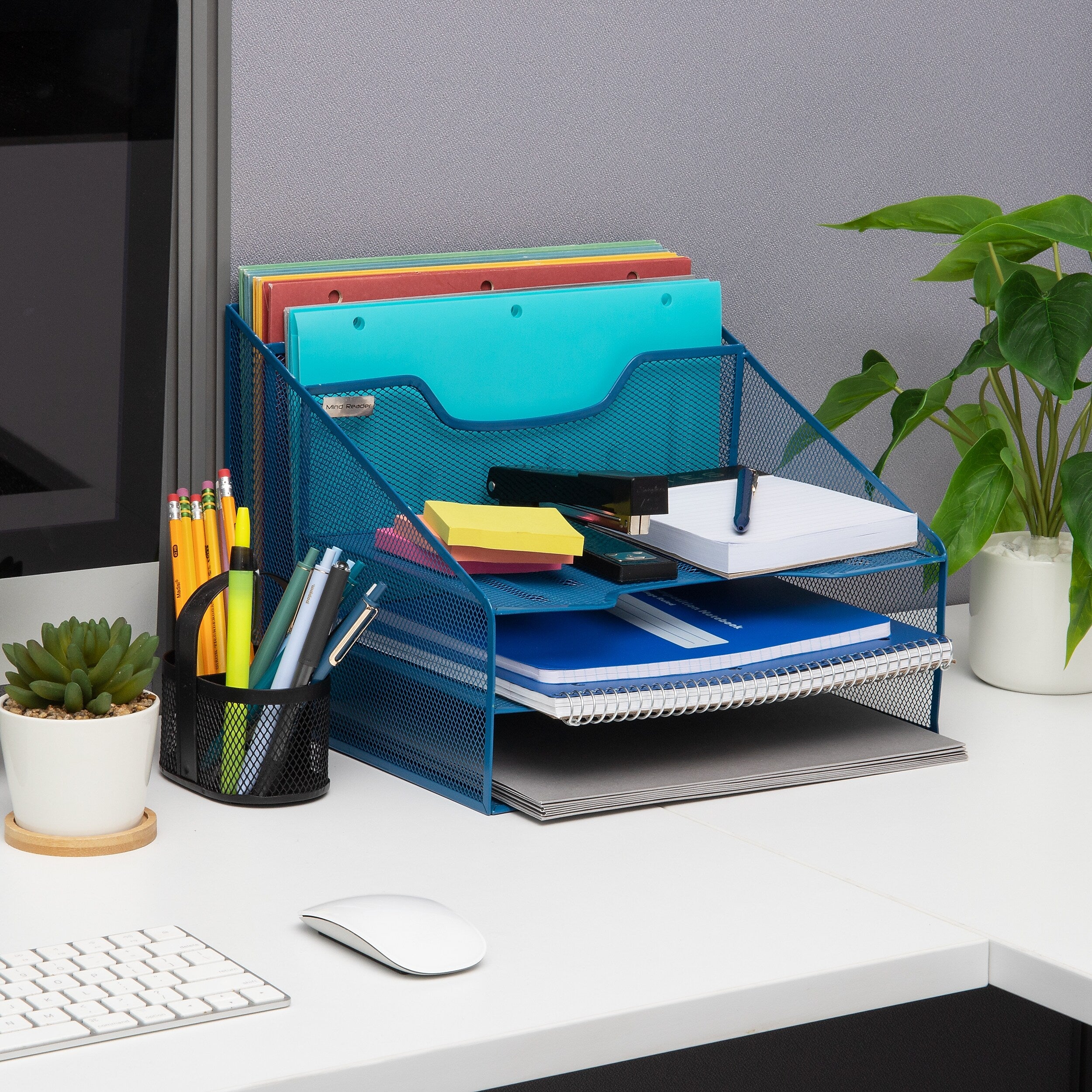 Mind Reader Metal Desktop Organizer Vertical File Holder Paper Letter Tray, Turquoise