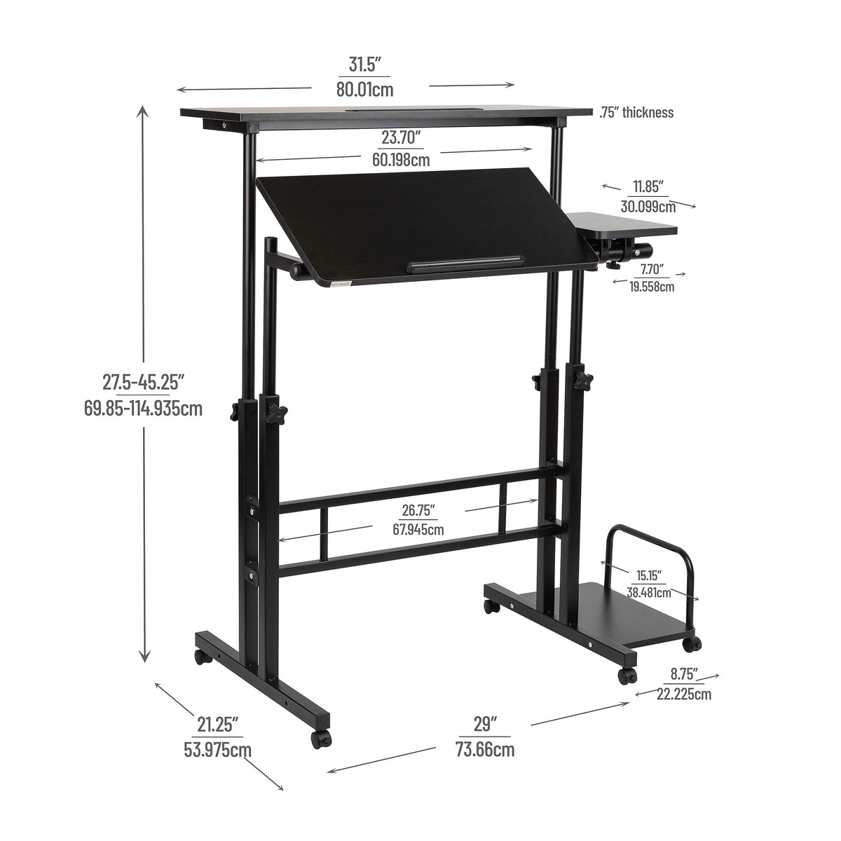 Mind Reader Woodland Collection 27.5"-45.25" Mobile Adjustable Sit/Stand Desk, Black